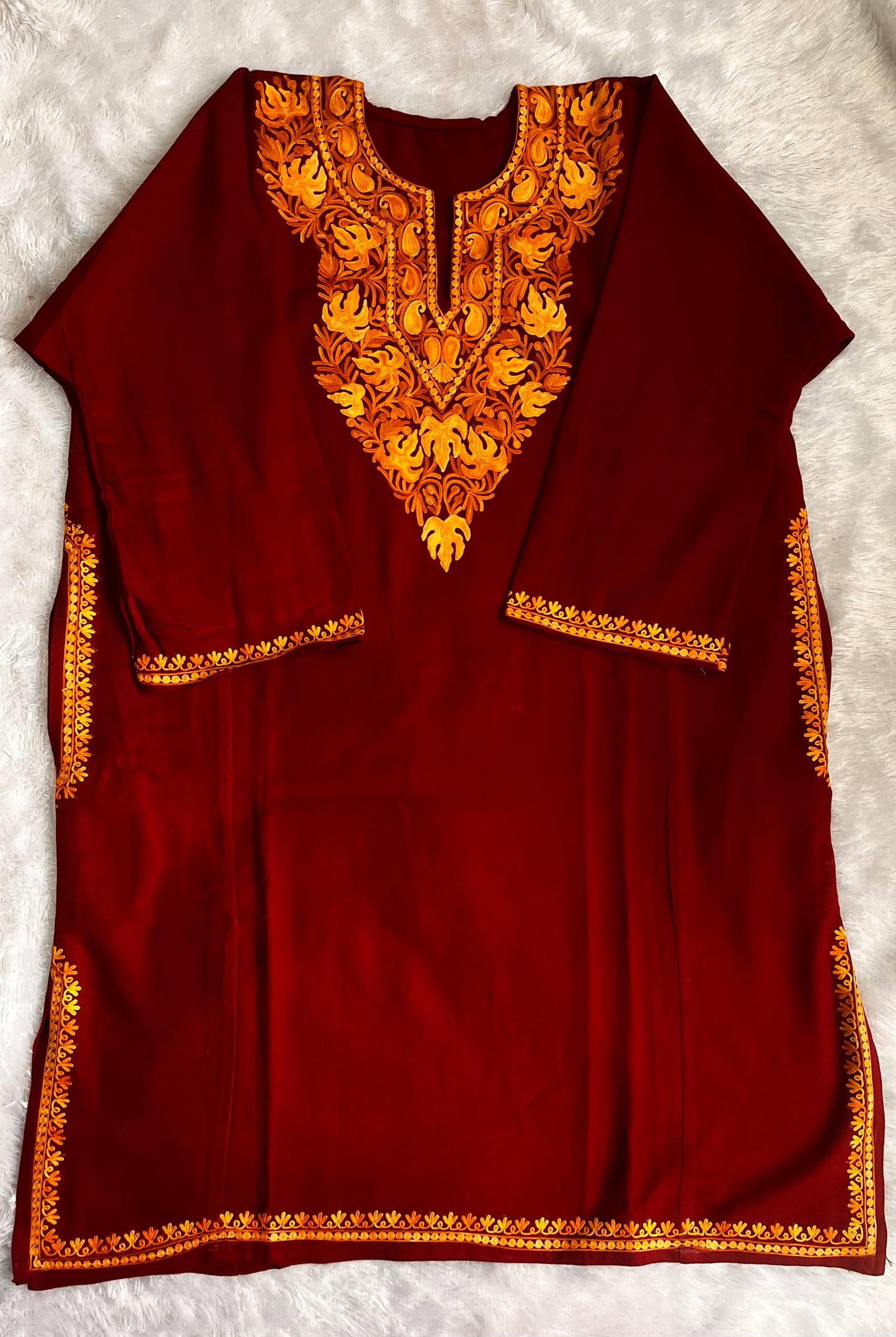Cherry Shade with Brown Shade Kashmiri Aari Work Full Embroidered Pheran with Pockets
