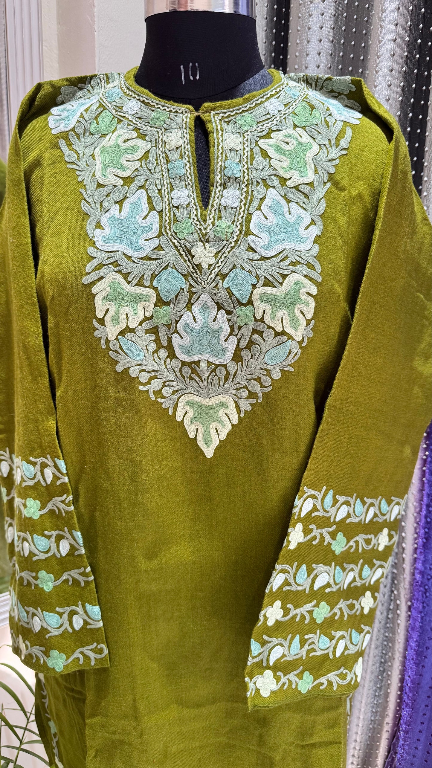 Mehendi Green Hand Embroidered Pure Marino Wool Kashmiri Pheran with Pockets and Hand Embroidered Sleeves (Size 56”)
