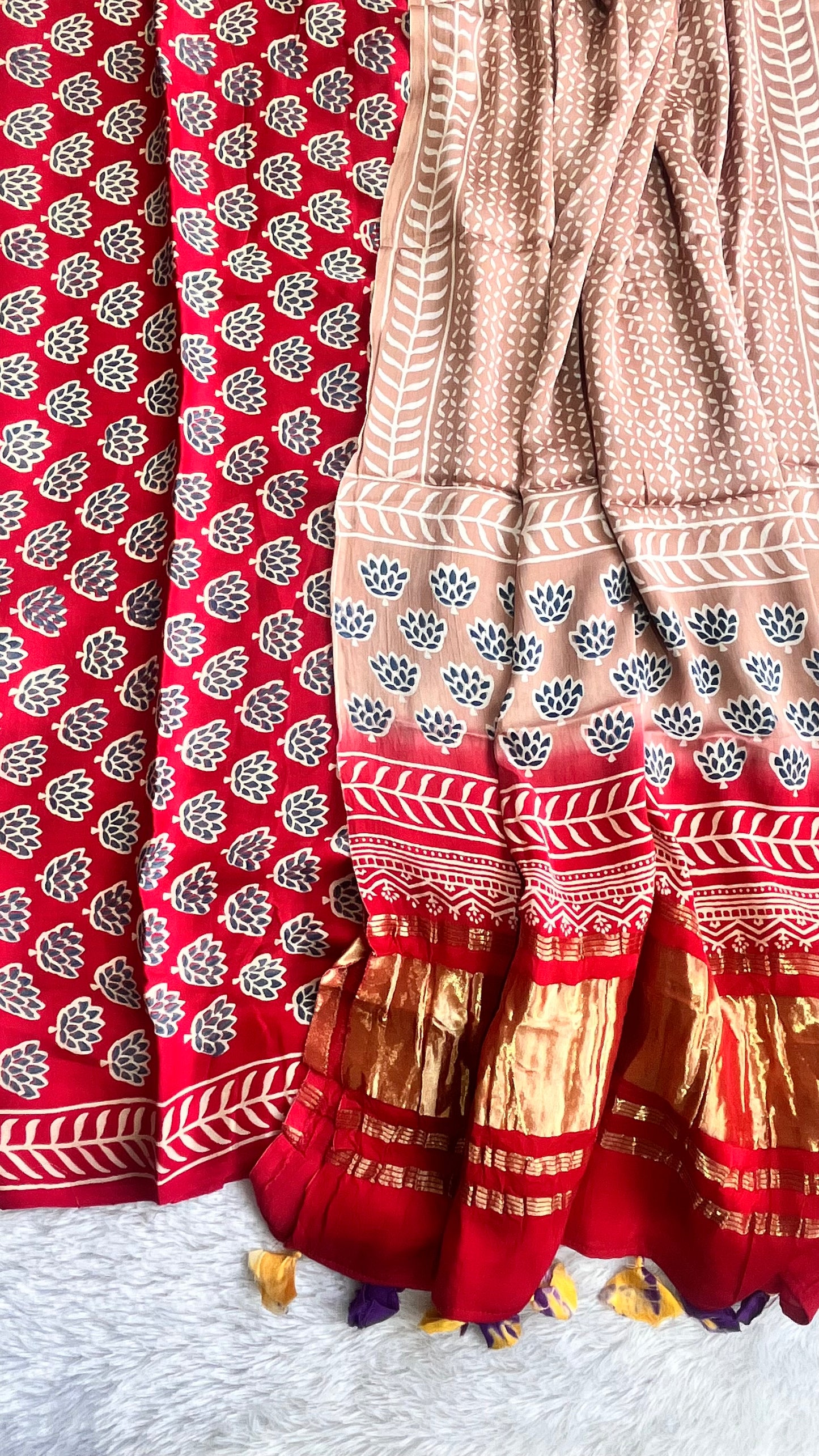 Red and Beige Chota Buta Motif Ajrakh Hand Block Print Modal Silk Suit Material with Lagdi Patti Dupatta