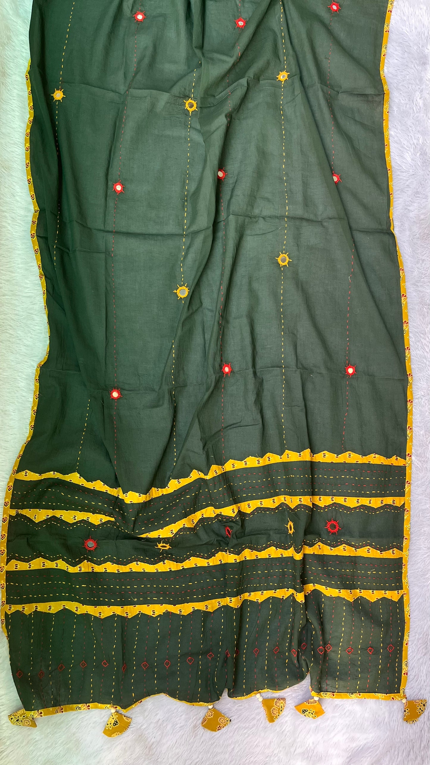 Green and Yellow Ajrakh Applique Patchwork Cotton Dupatta with Mirror Work