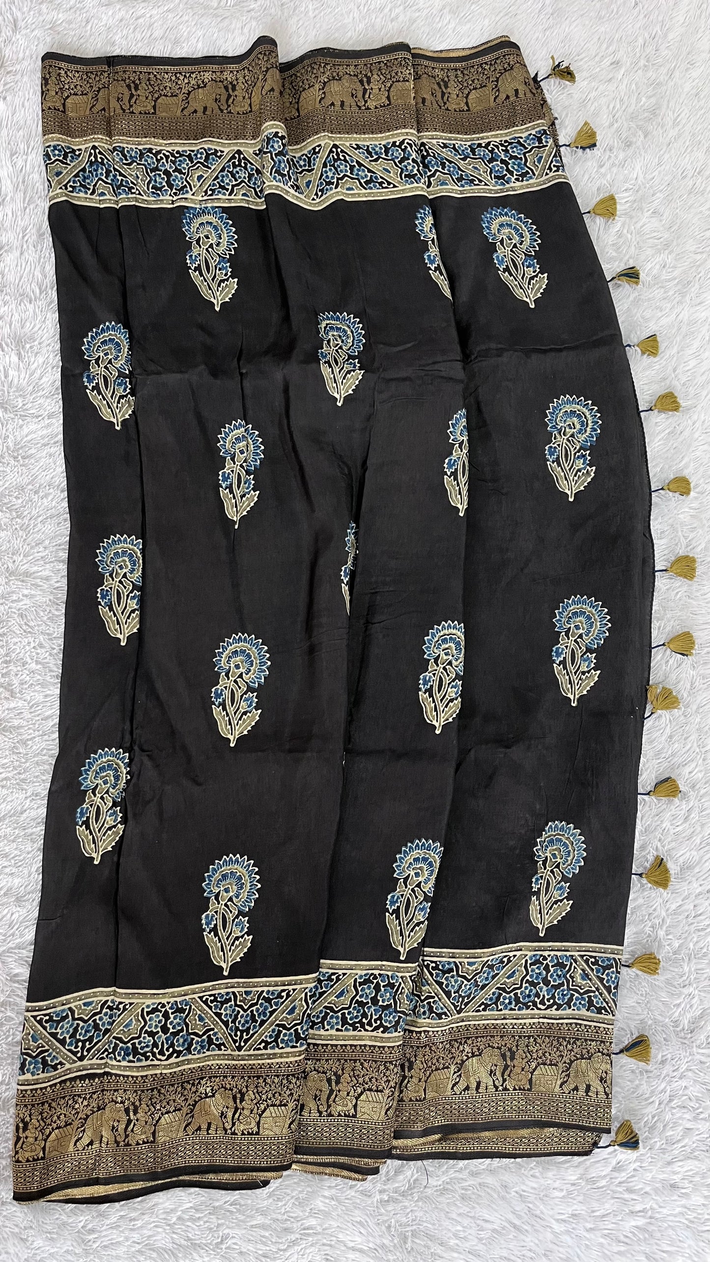 Black Mugal Buta Motif Ajrakh Hand Block Dola Silk Saree with Zari Pallu (With Blouse)