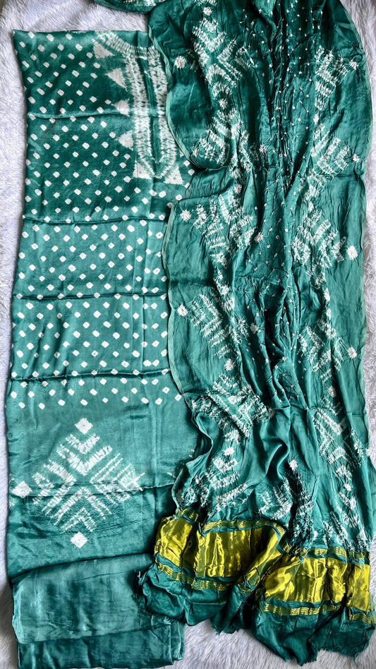 Turquoise Green Bandhej Semi Modal Silk 3 pc Suit Set with Lagdi Patti Dupatta