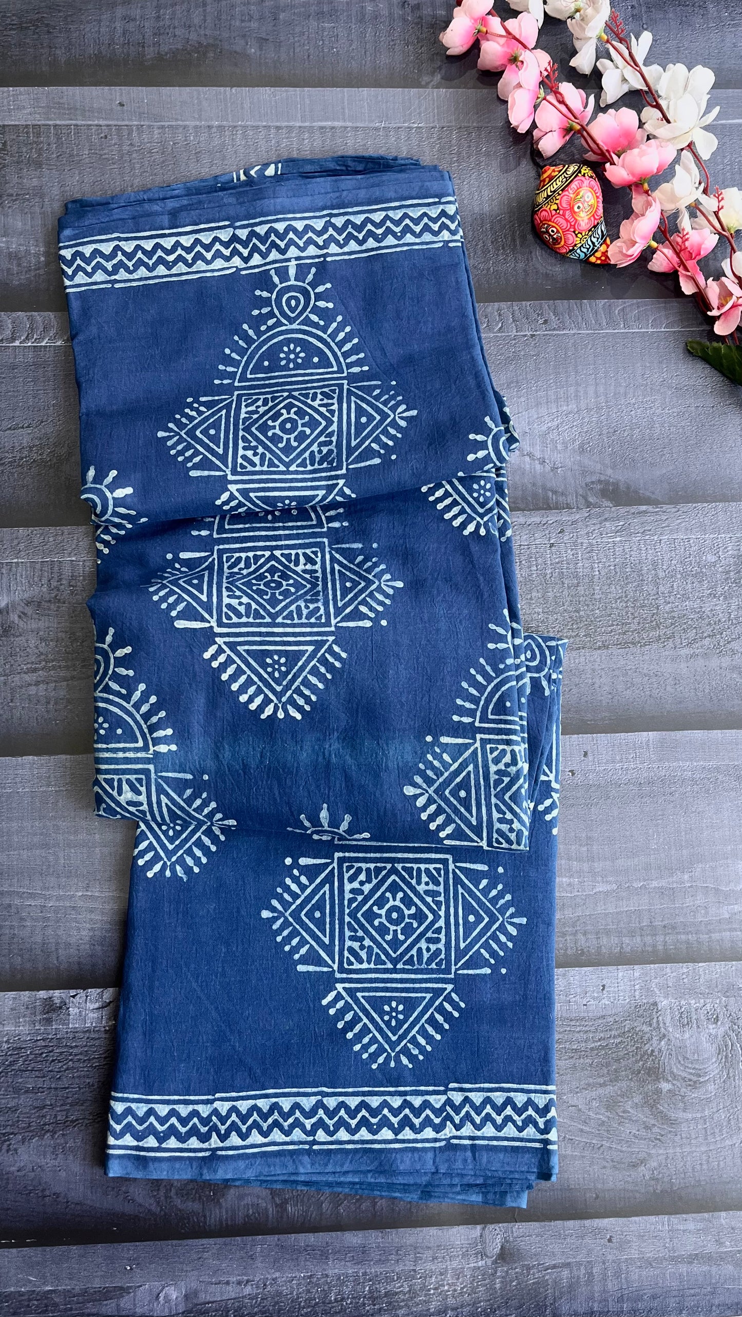 Kasturi Indigo Akola Hand Block Mulmul Cotton Saree with Blouse