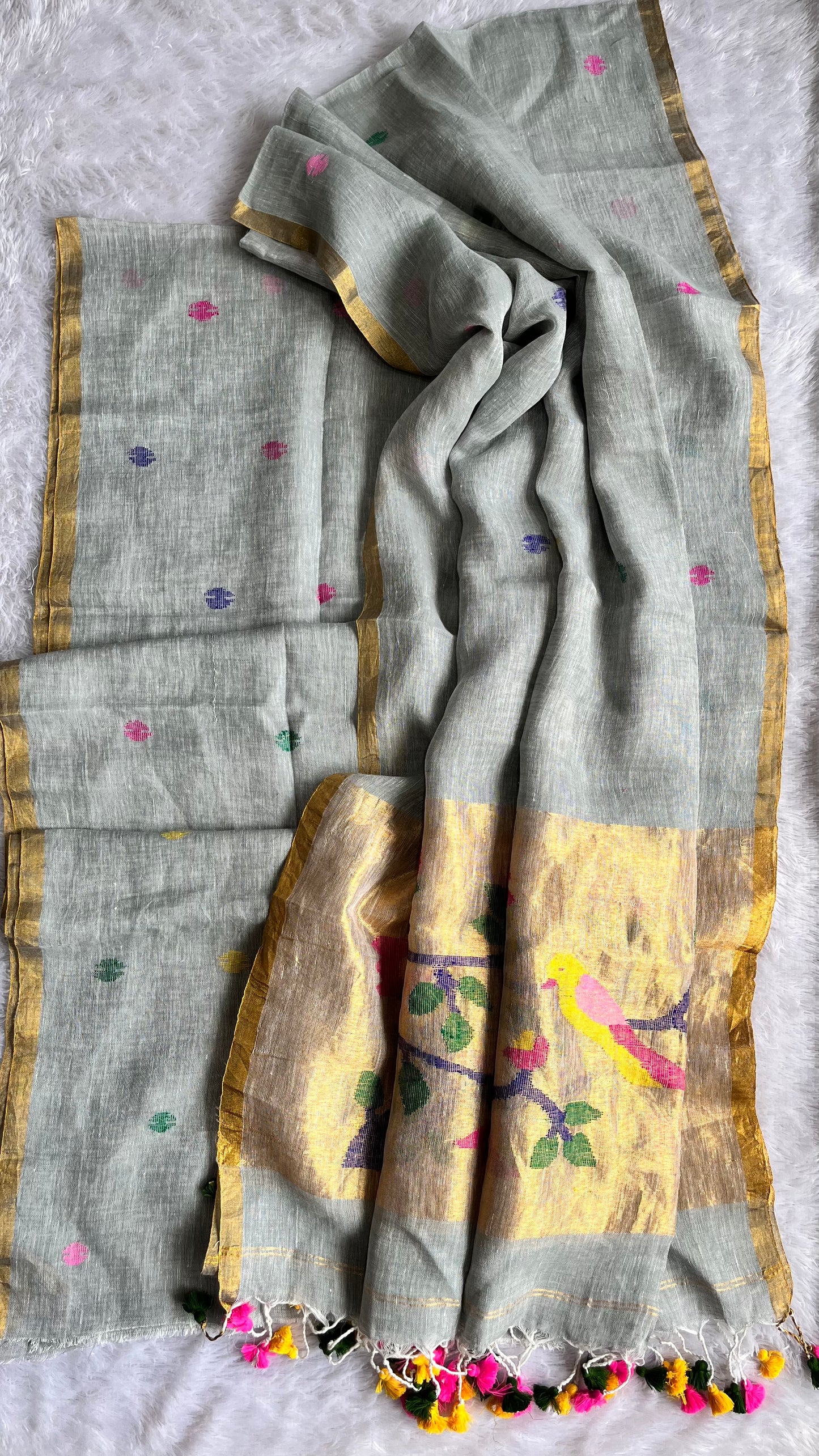 Gracious Grey Paithani Unstitched Pure Linen on Linen Hand Woven Daman 2 pc Suit Set