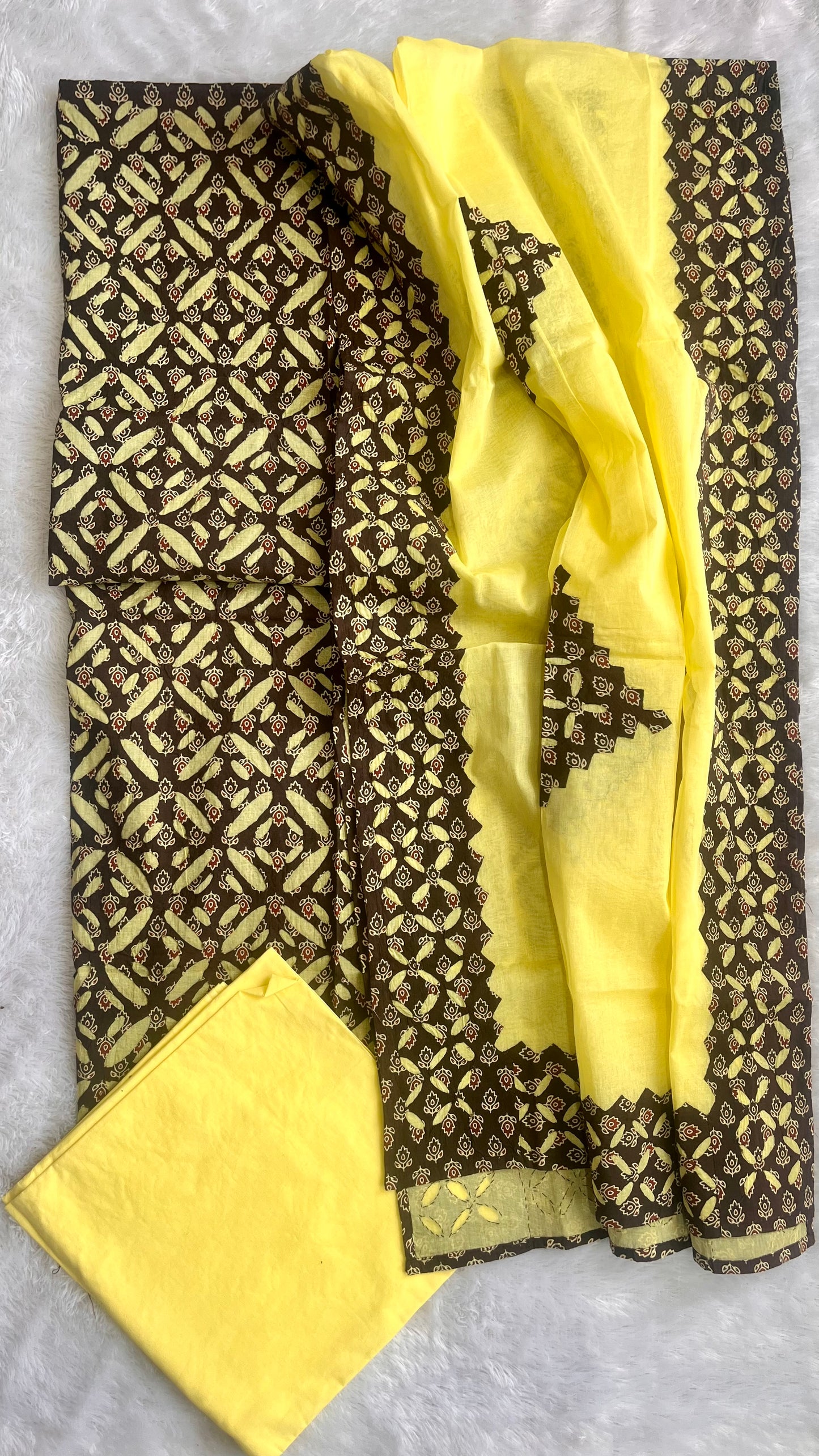 Mehendi Green Shade Barmer Ajrakh Applique Cut Work Cotton 3pc Suit Material Set