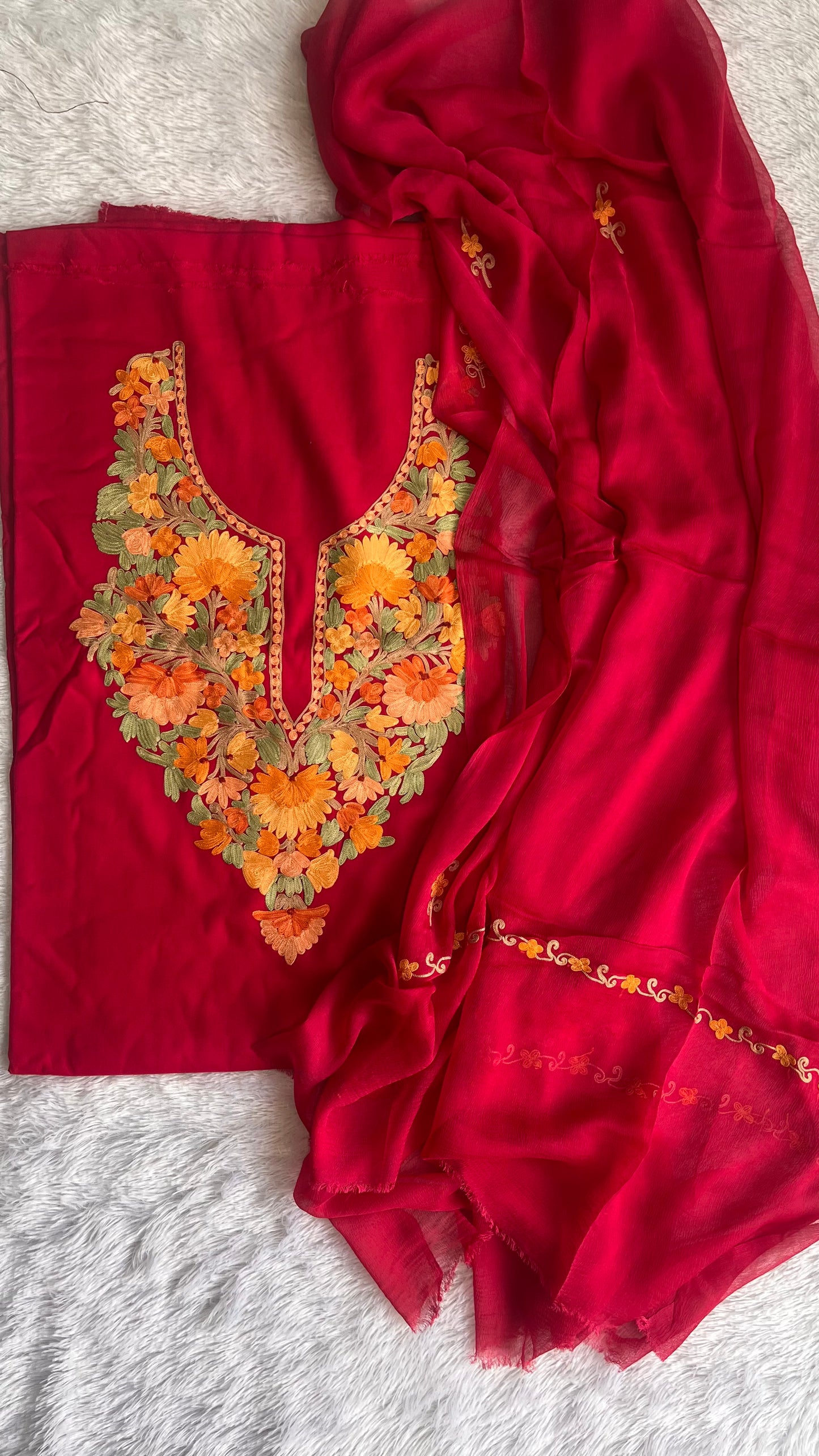 Hot Pink with Matching Embroidery Muslin Cotton Kashmiri Aari Embroidered 3pc Suit Set