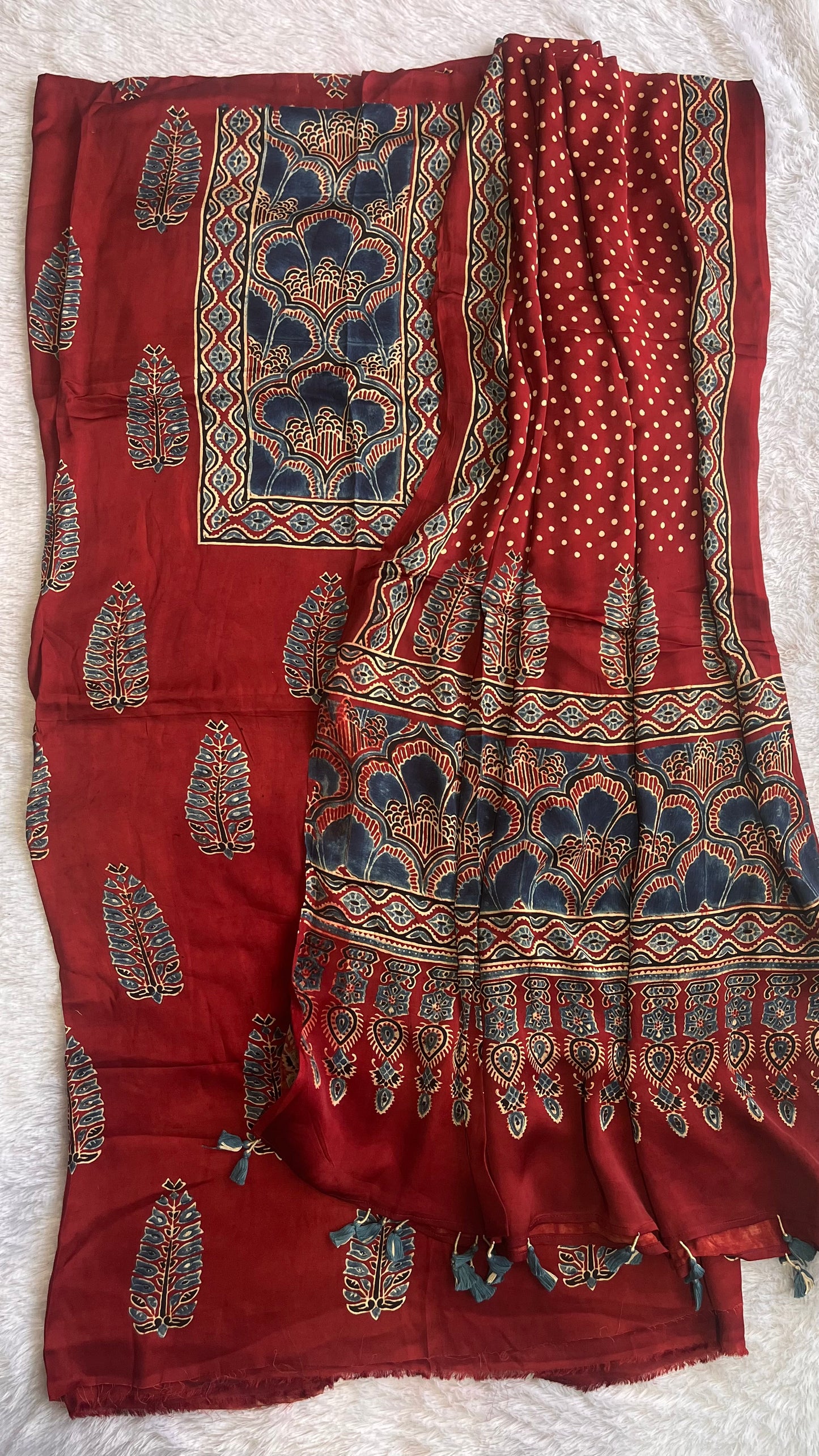 Deep Red Asopallav Buta Print Modal Silk Ajrakh Natural Dyed Hand Block Print 2pc Suit Material Set