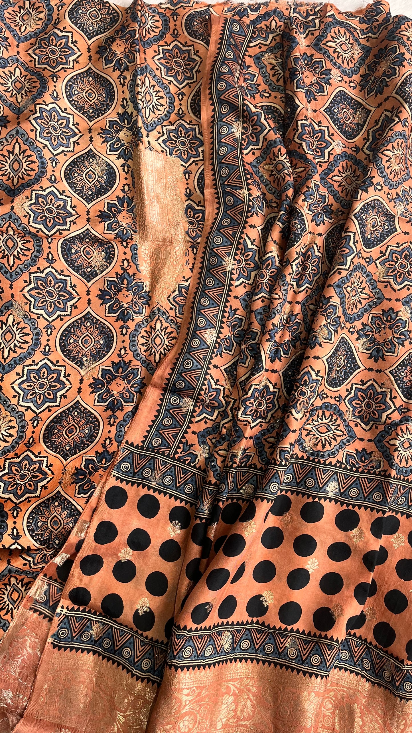 Saffron Shafe Badaam Boota Pure Dola Silk Ajrakh Hand Block Print 2pc Suit Material Set with Menakari Yoke and Nakkashi Dupatta