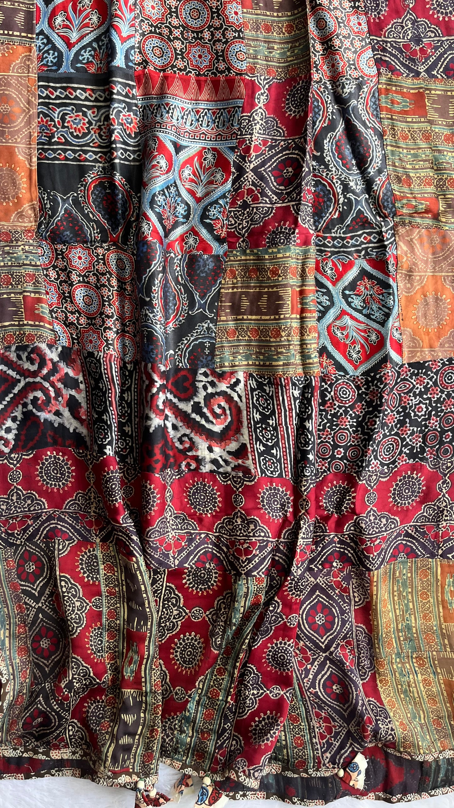 Deep Maroon Multicoloured Ajrakh Applique Patchwork Modal Silk Kantha Work Dupatta with Tassels and Mirror-work