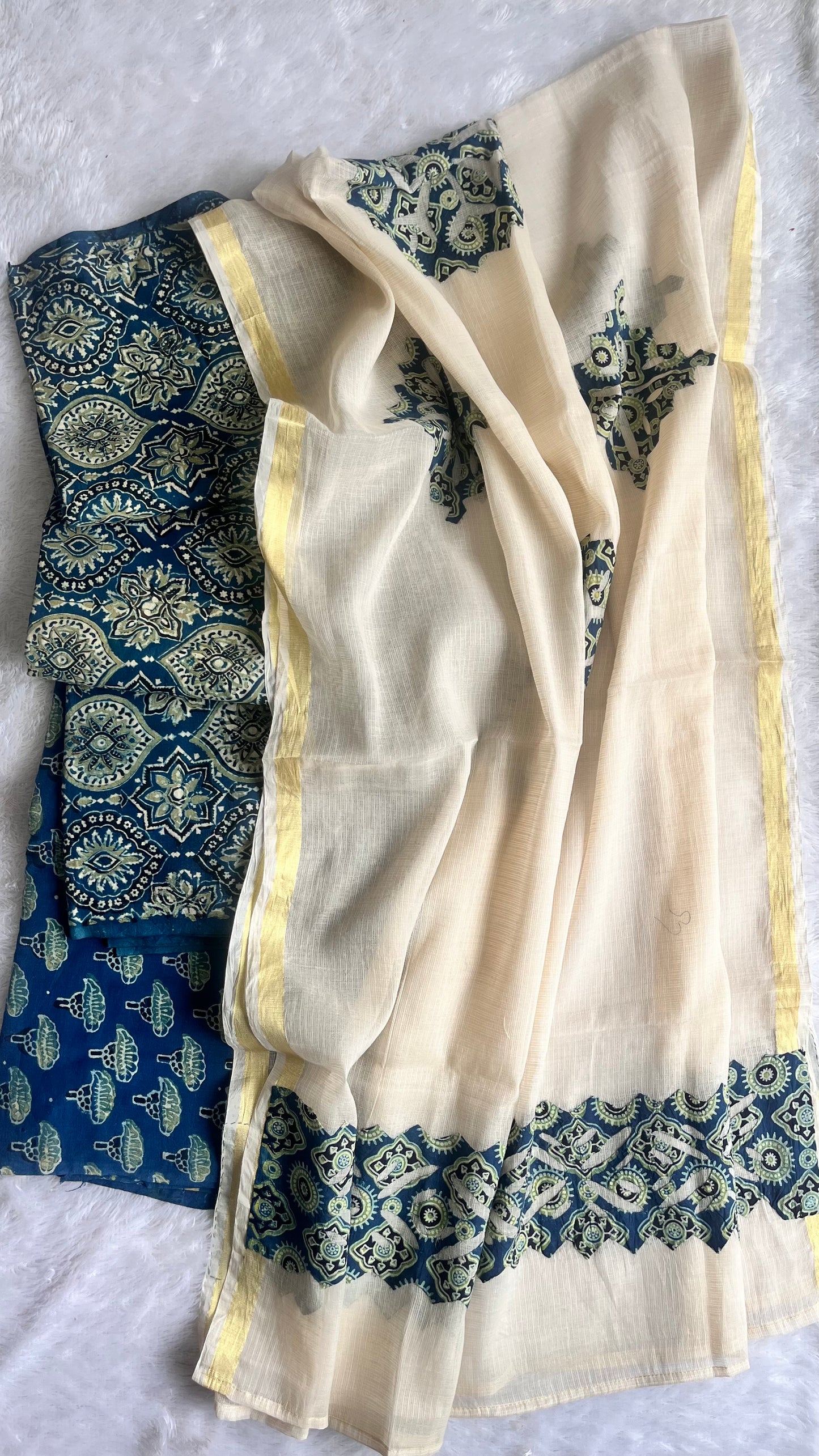 PIndigo Badaam Buti Pure Cotton Ajrakh Unstitched Suit Set with Ajrakh Applique Kota Dupatta a