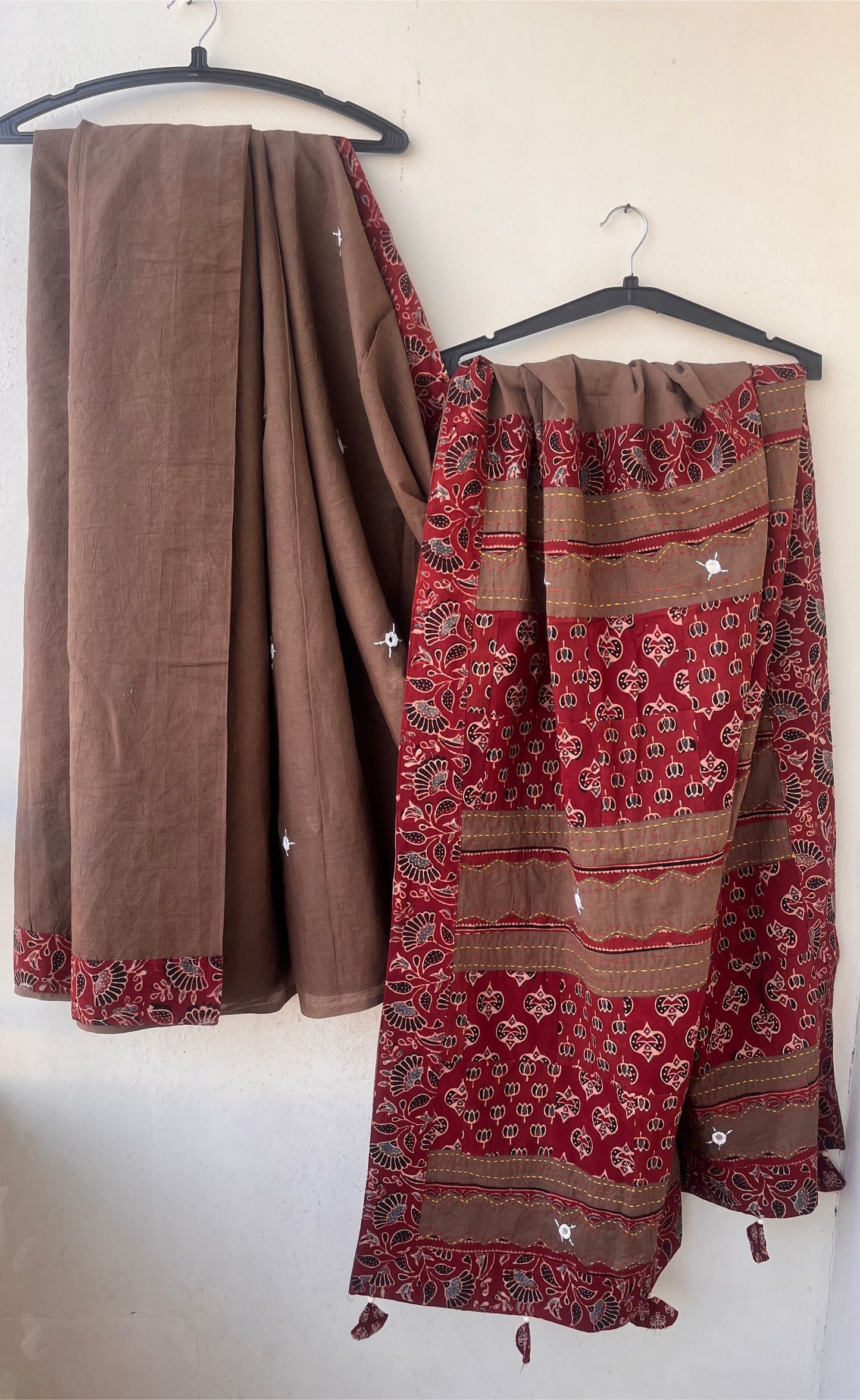 Cookie Brown and Red Ajrakh Patchwork Cotton Saree with Embroidery and Mirror Work