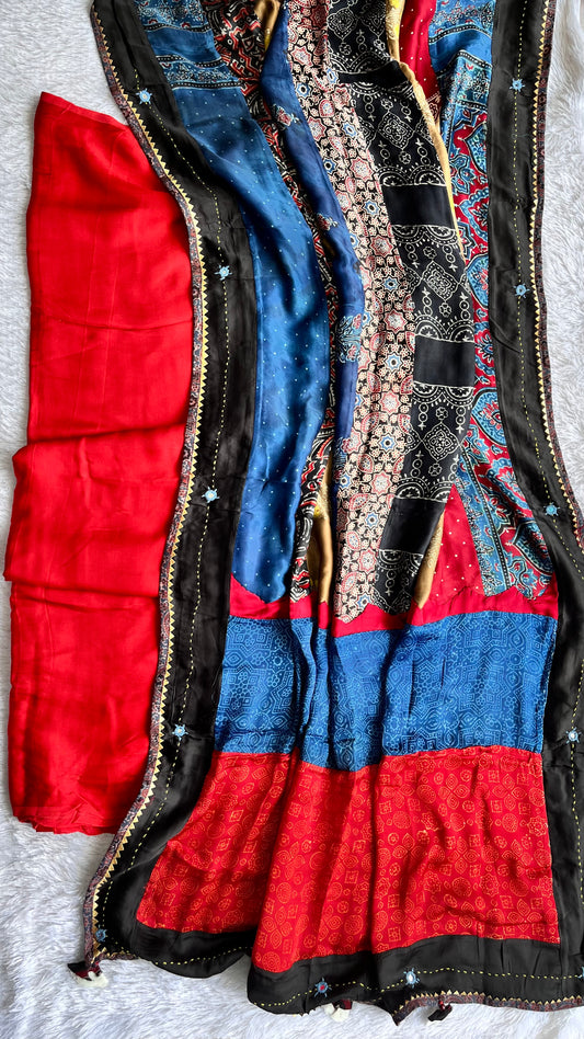 Red Solid Shade Multicolour Modal Silk Ajrakh Hand Block Print 2pc Suit Material Set with Applique Work Dupatta