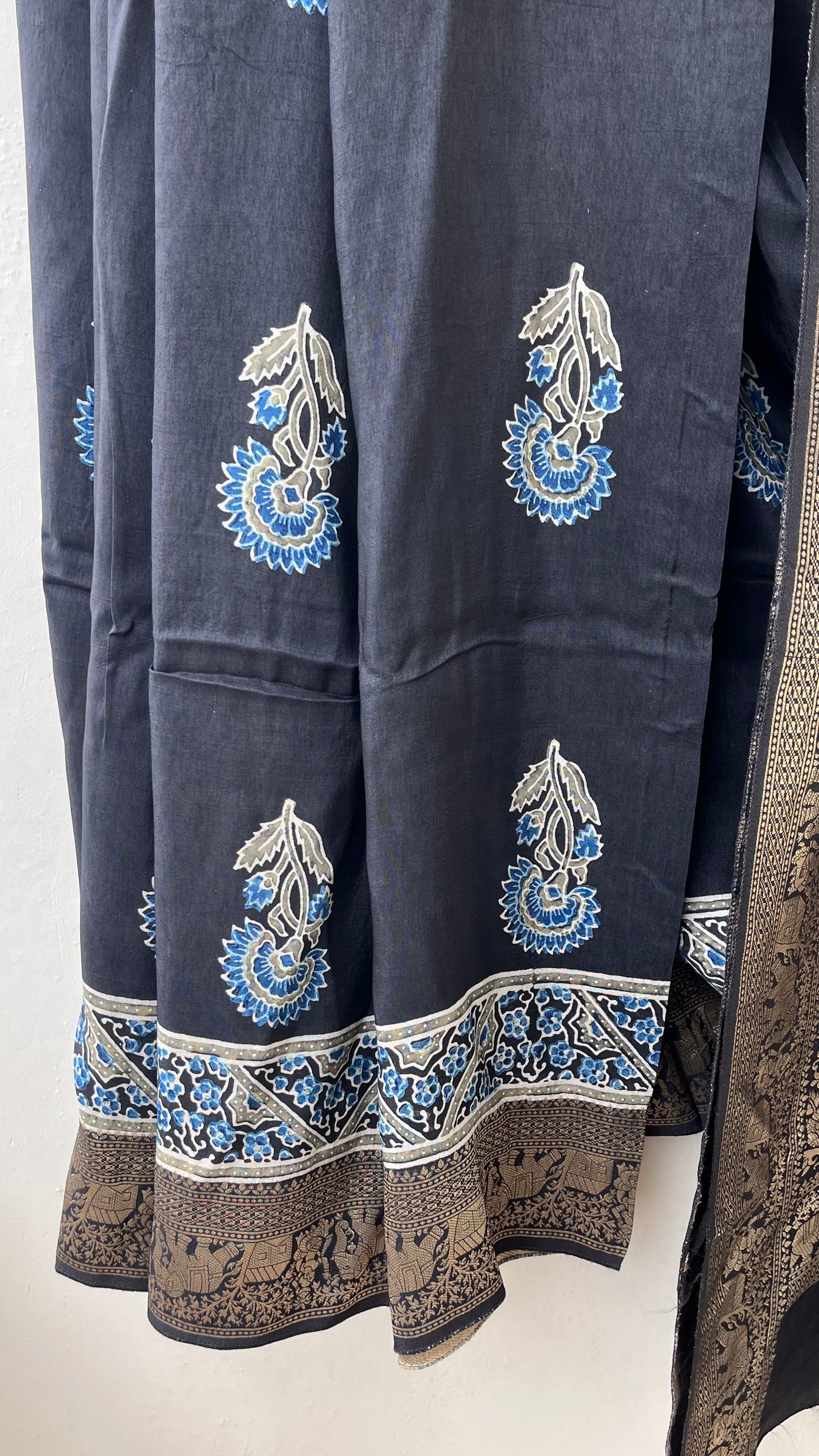 Black Mugal Buta Motif Ajrakh Hand Block Dola Silk Saree with Zari Pallu (With Blouse)