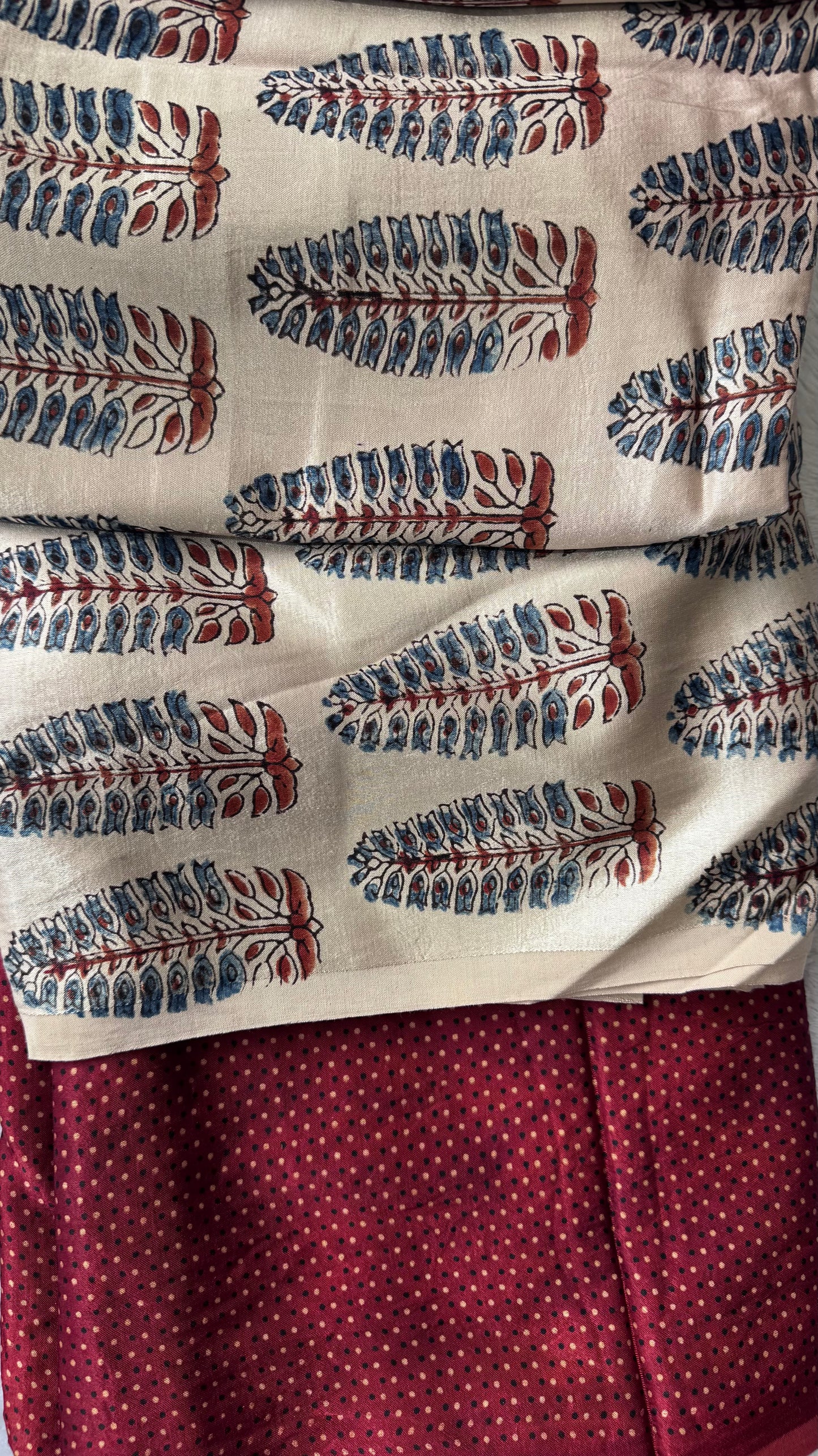 Off White and Red Asopallav Buti Ajrakh Mashru Silk Kurta Pant Fabric