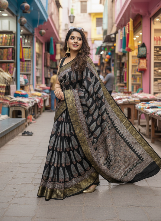 Black Asopallav Ajrakh Hand Block Dola Silk Zari Pallu Saree With Blouse