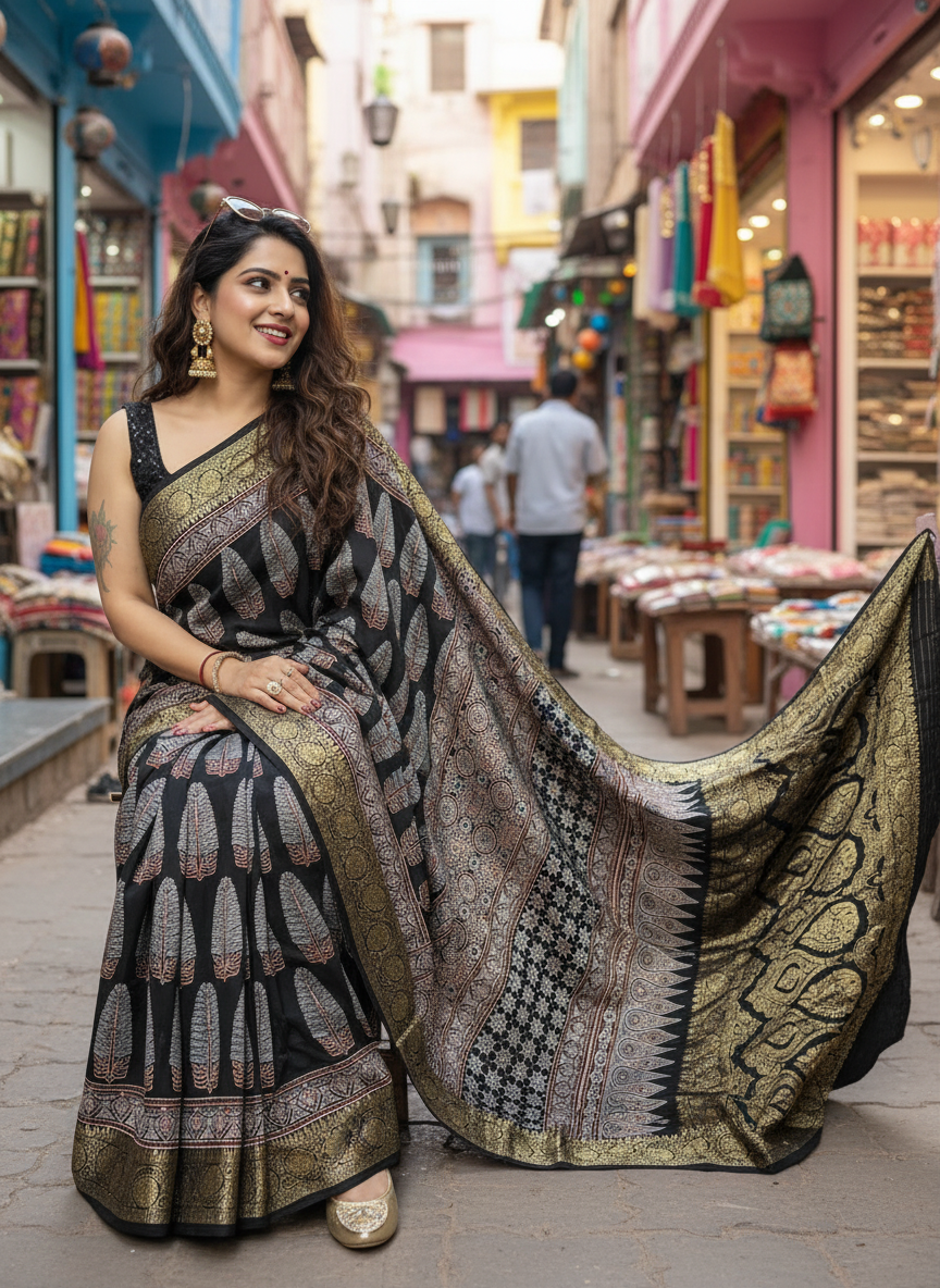 Black Asopallav Ajrakh Hand Block Dola Silk Zari Pallu Saree With Blouse
