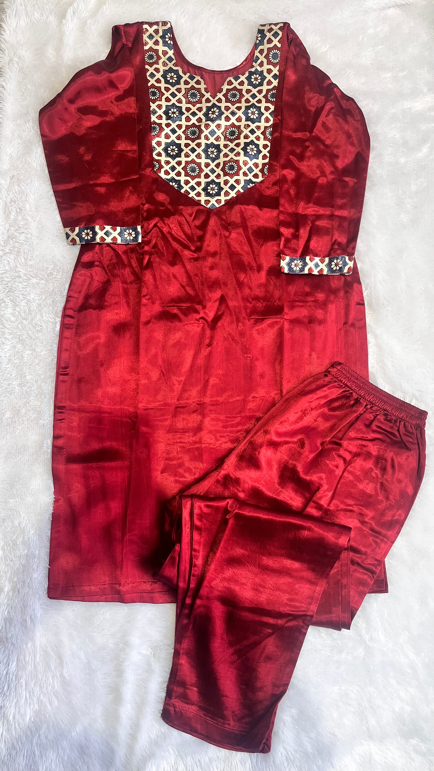 Maroon Mashru Silk Ajrakh Hand Block Print Kurta Pant Set