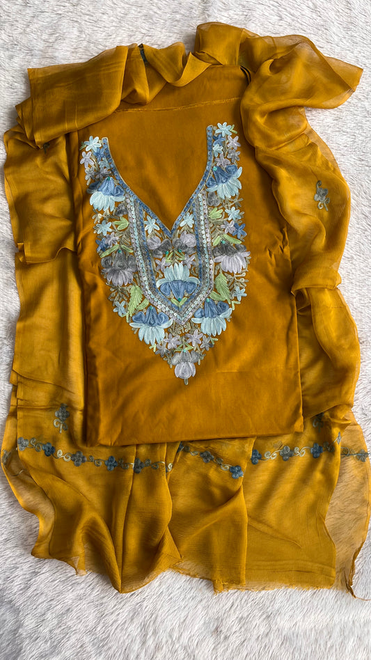 Mustard with Firozi work Muslin Cotton Kashmiri Aari Embroidered 3pc Suit Set