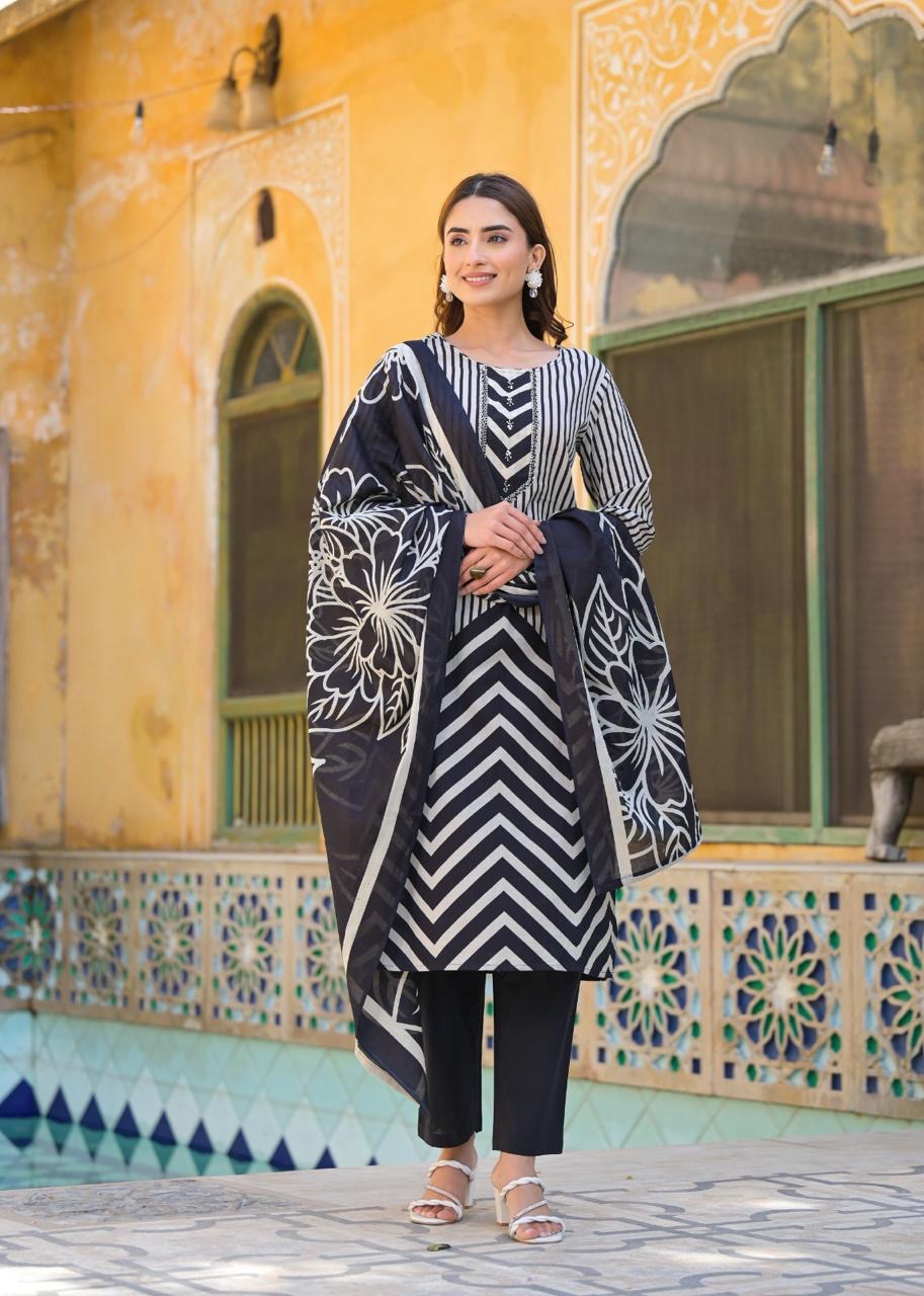 Black Geometric Print Pure Cotton Suit Set with Cotton Dupatta