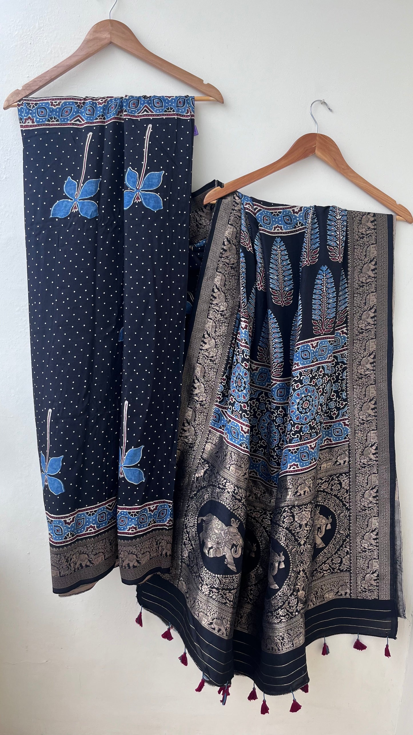 Black Polka and Fireflies Motif Ajrakh Hand Block Dola Silk Saree with Zari Pallu