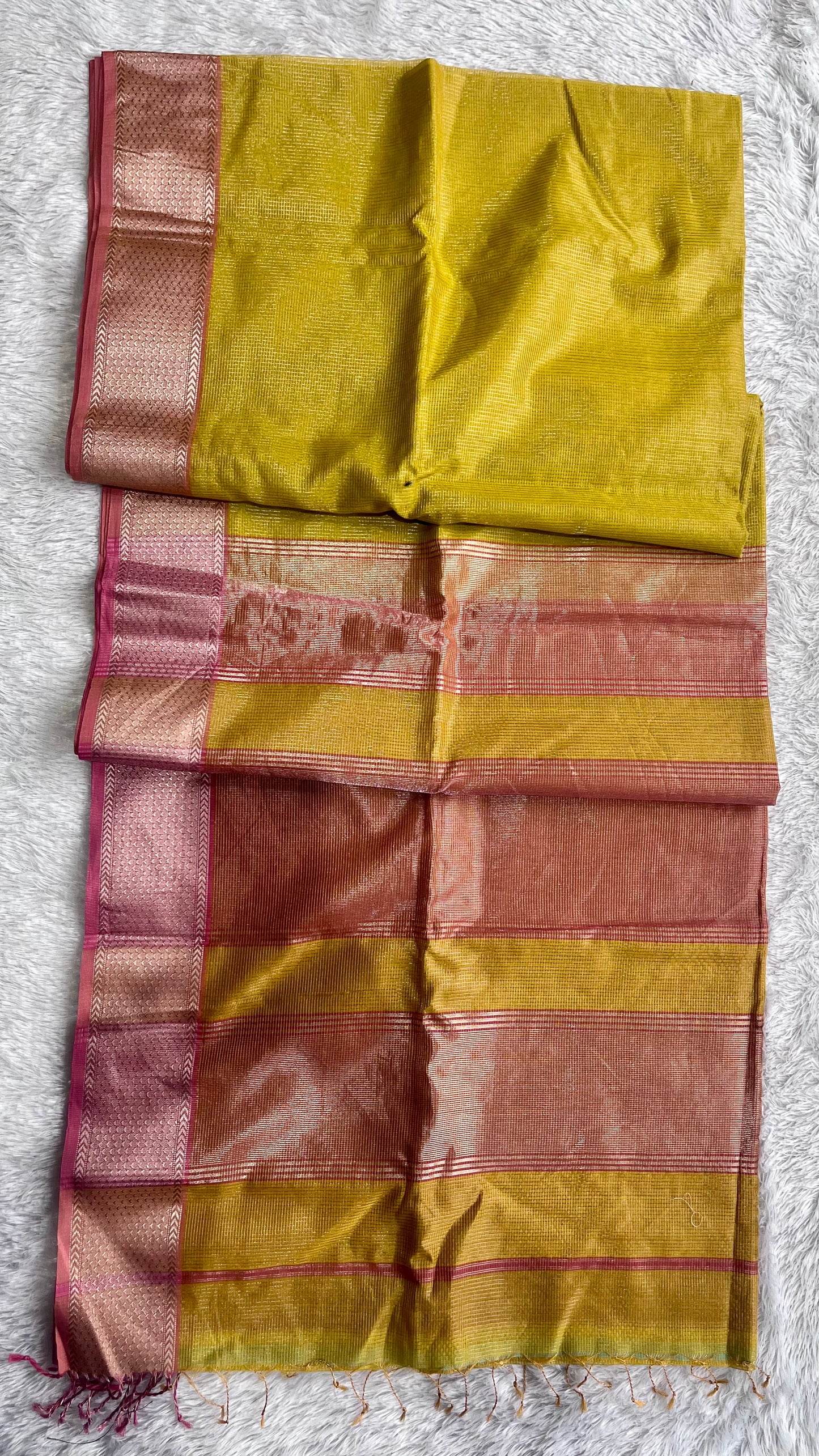 Sunshine Yellow with Pink Zari Border Handwoven Maheshwari Tissue Silk Saree