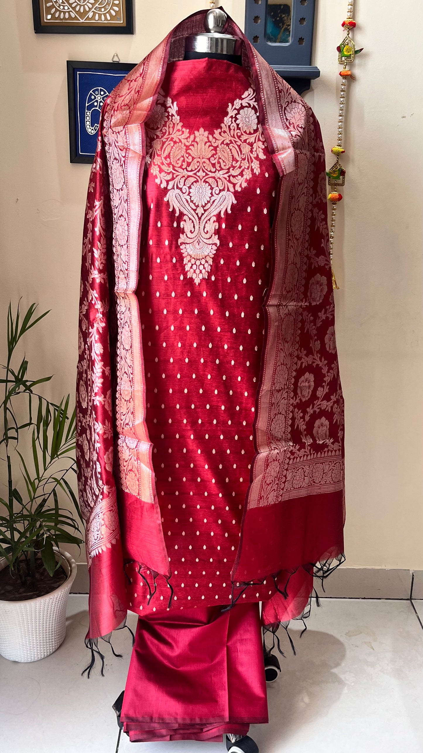 Sindoori Laal Shade Banarasi Silk Cotton 3-Piece Suit with Banarasi Woven Yoke & Dupatta