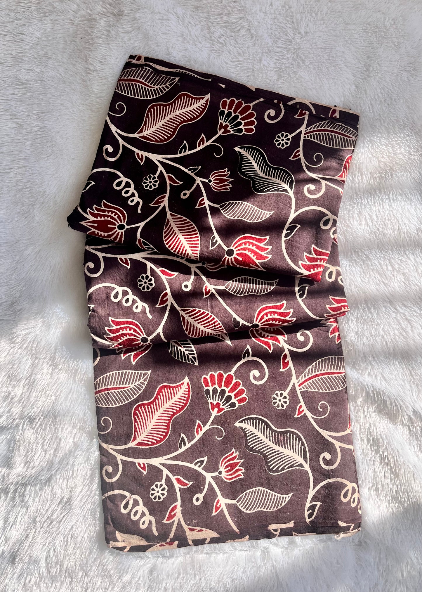 Chocolate Brown Flower and Leaf Motif Ajrakh Pure Cotton Fabric