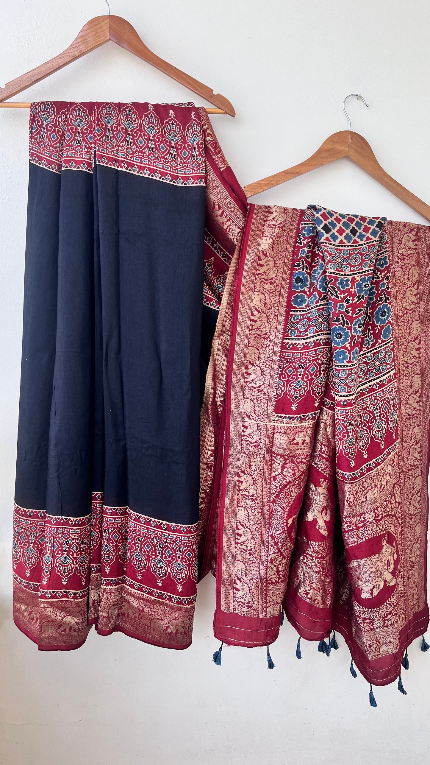 Black and Red Solid Buta Motif Ajrakh Hand Block Dola Silk Saree with Zari Pallu (With Blouse)