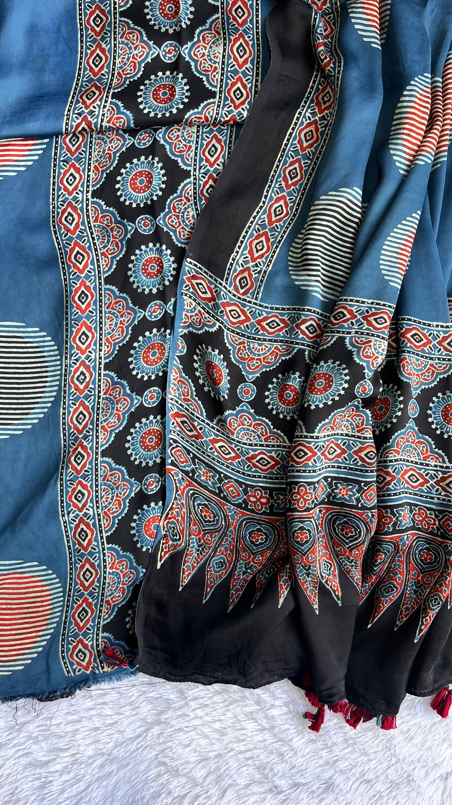 Blue Circle Buta Motif Modal Silk Ajrakh Natural Dyed Hand Block Print 2pc Suit Material Set