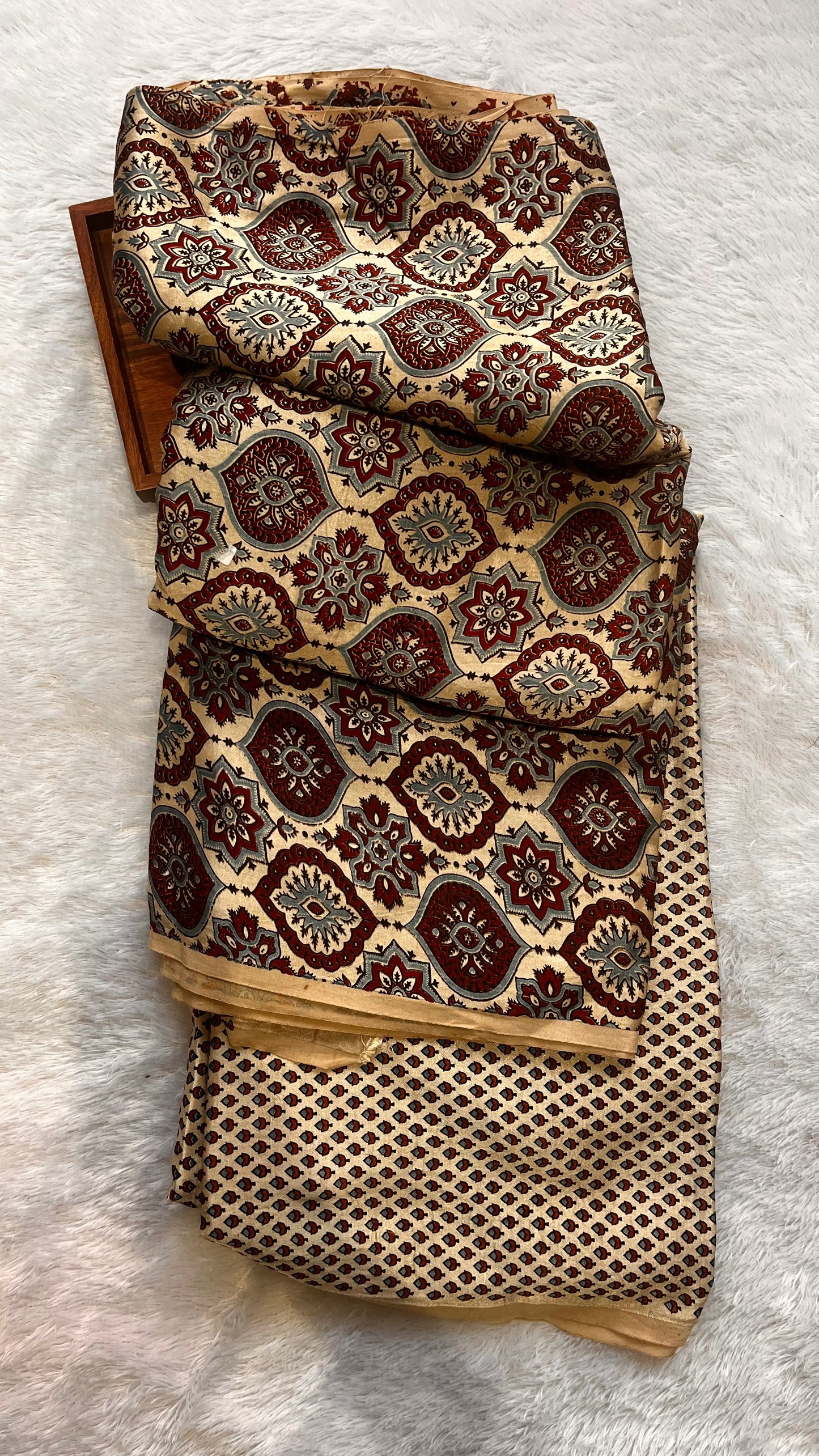 Maroon and Ivory Badaam Motif and Asopallav Ajrakh Mashru Silk Kurta Pant Fabric