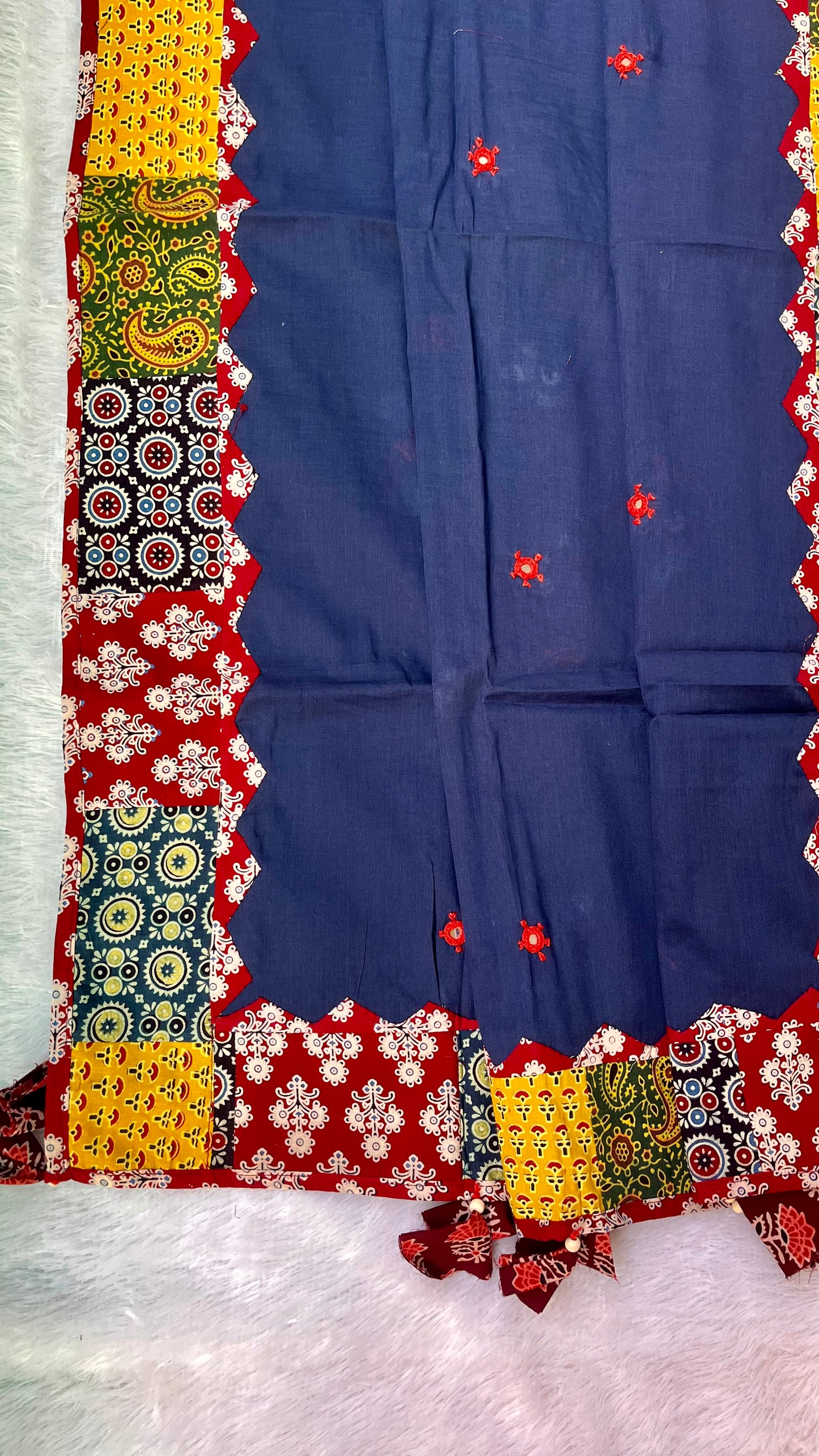 Navy Blue Ajrakh Applique Patchwork Border Cotton Dupatta with Mirror Work