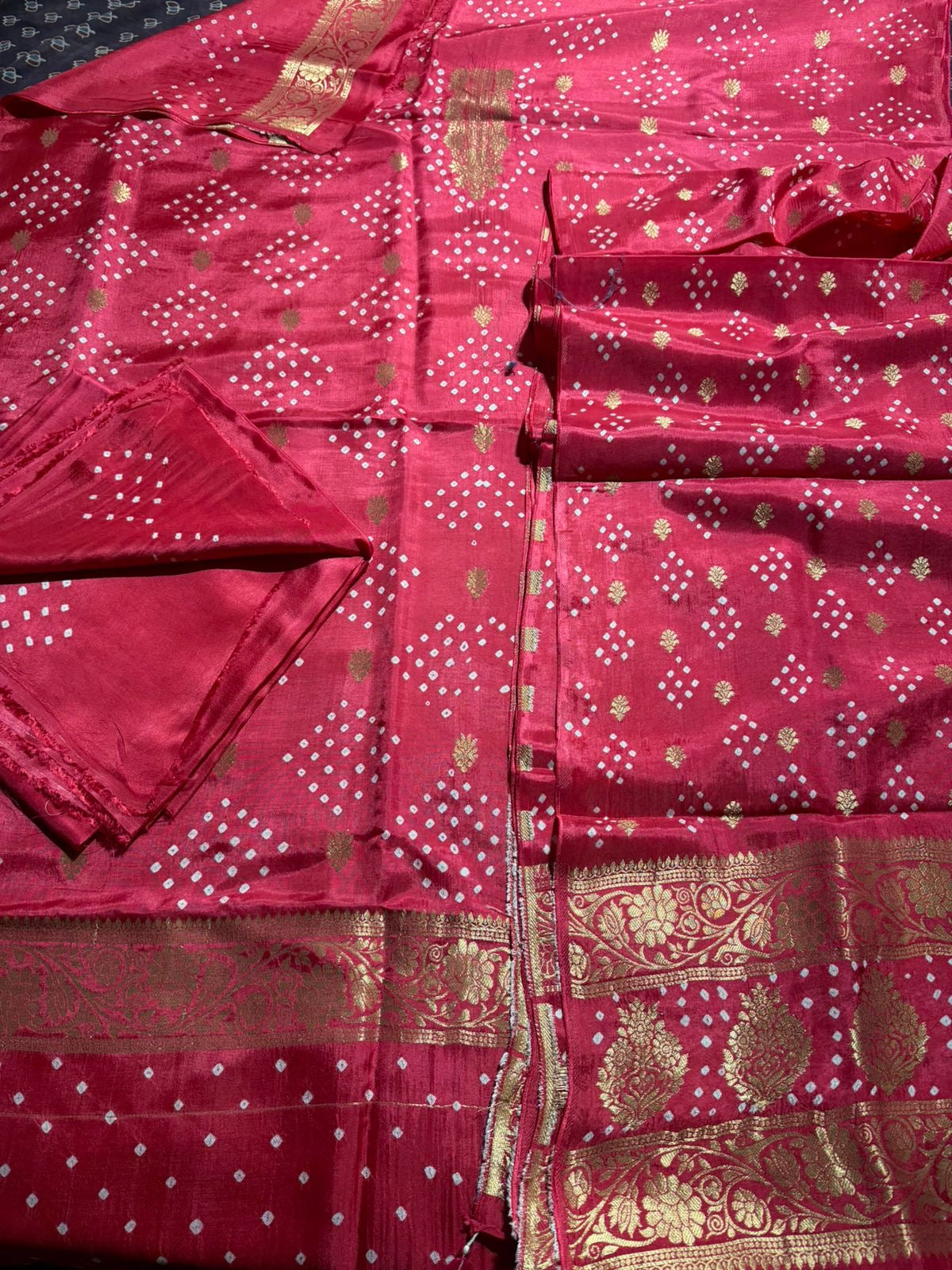 Pretty Pink Raidana Bandhej Pure Dola Silk Ajrakh Hand Block Print 3 pc Suit Material Set with Menakari Yoke and Nakkashi Dupatta and Bottom