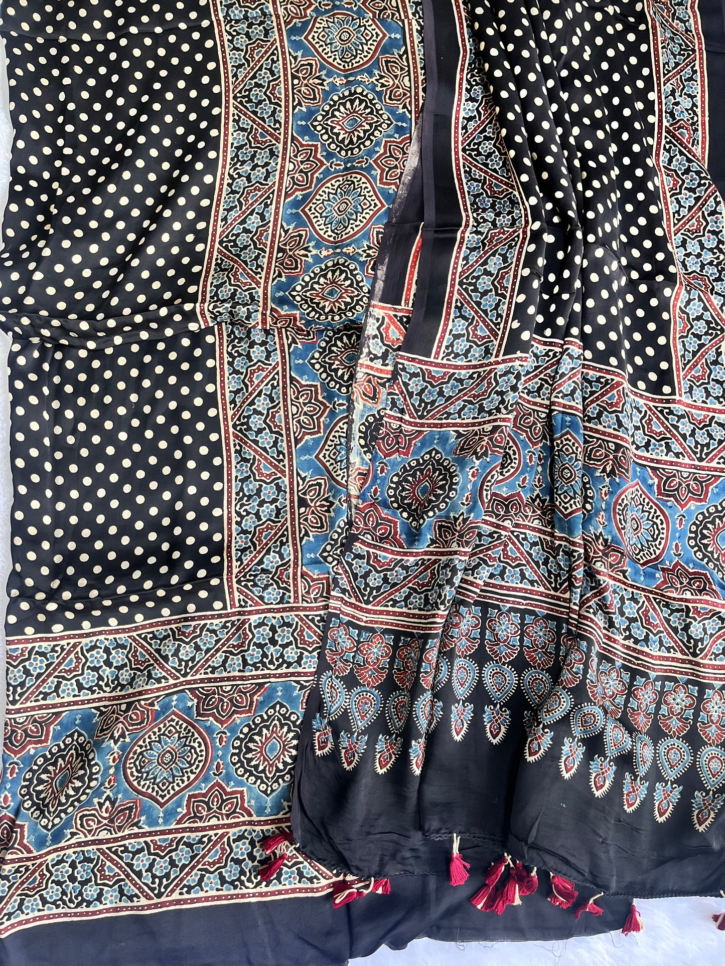 Black Badaam Buta and Polka Print Modal Silk Ajrakh Natural Dyed Hand Block Print 2pc Suit Material Set