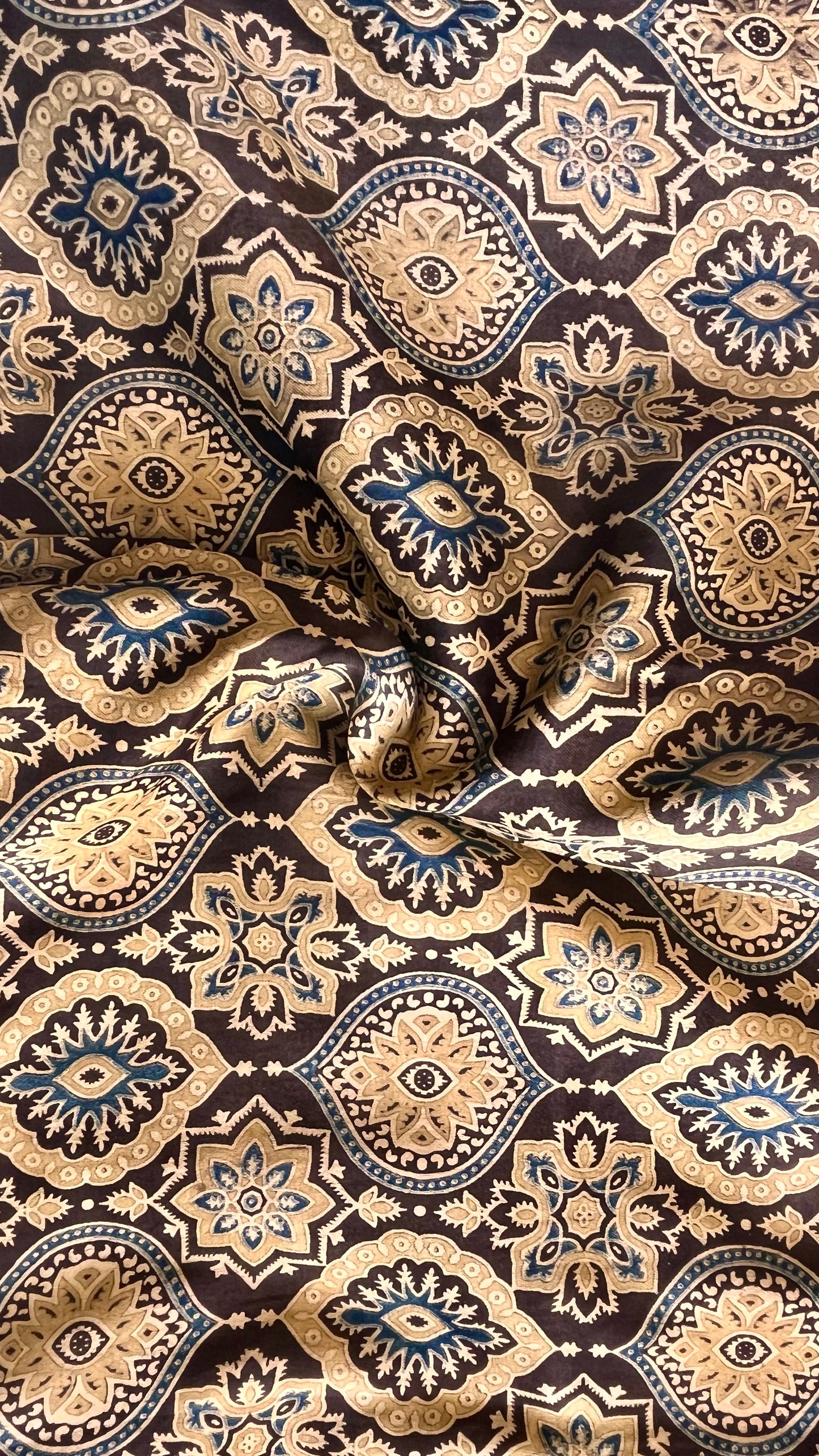 Beige and Indigo Badaam Buta Motif Ajrakh Mashru Silk Fabric