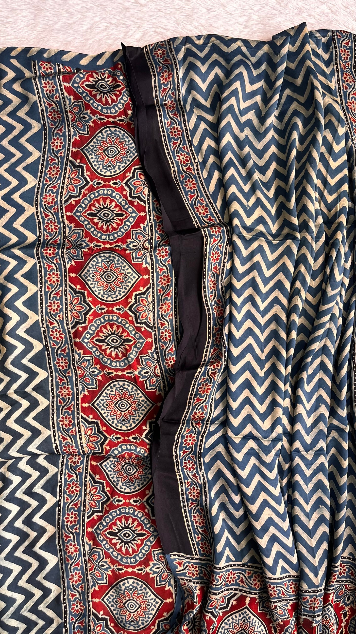 Blue Zigzag and Badaam Buta Motif Modal Silk Ajrakh Hand Block Suit Set