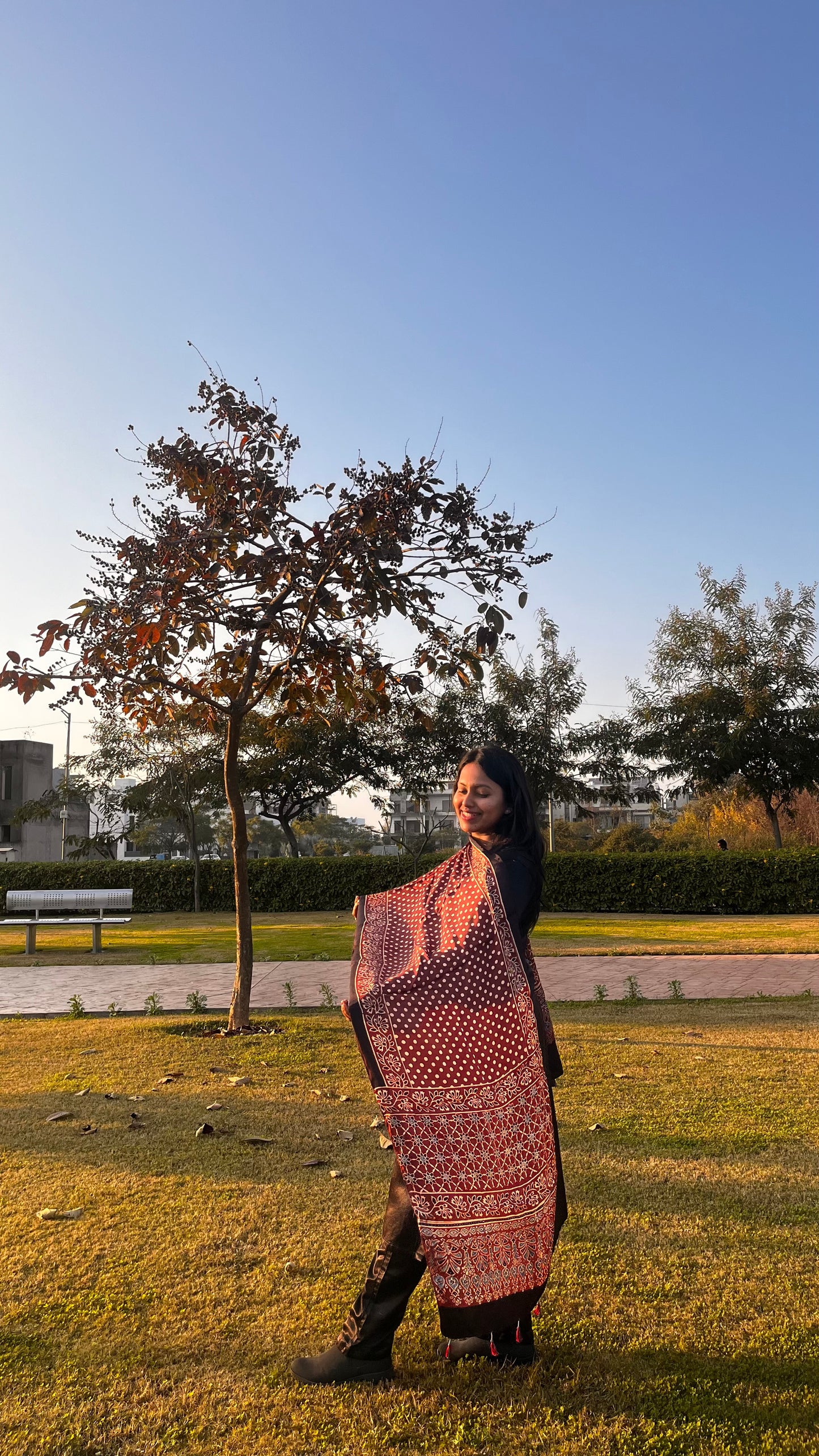 Maroon Dotted Motif Ajrakh Hand Block Print Modal Silk Stole wigh Tassels