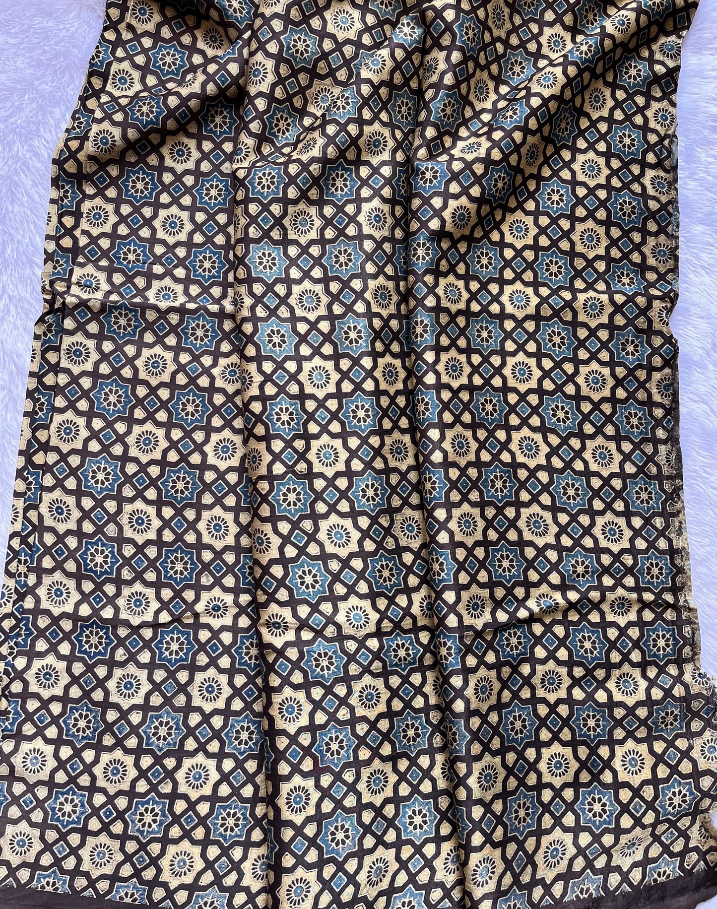 Beige and Blue Jaali Motif Ajrakh Mashru Silk Blouse Piece