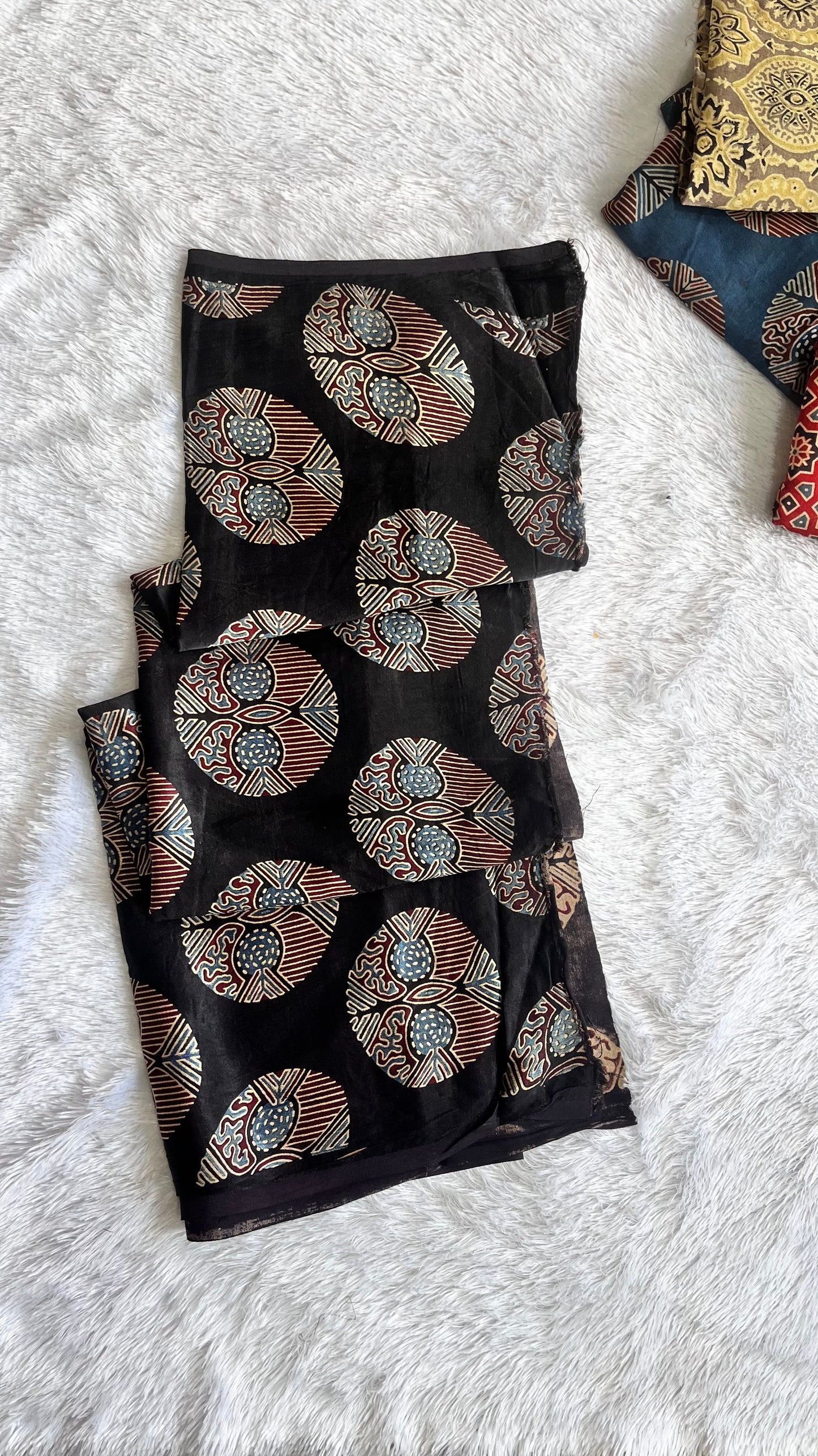 Cut Piece Black Jaal Motif Ajrakh Mashru Silk fabric