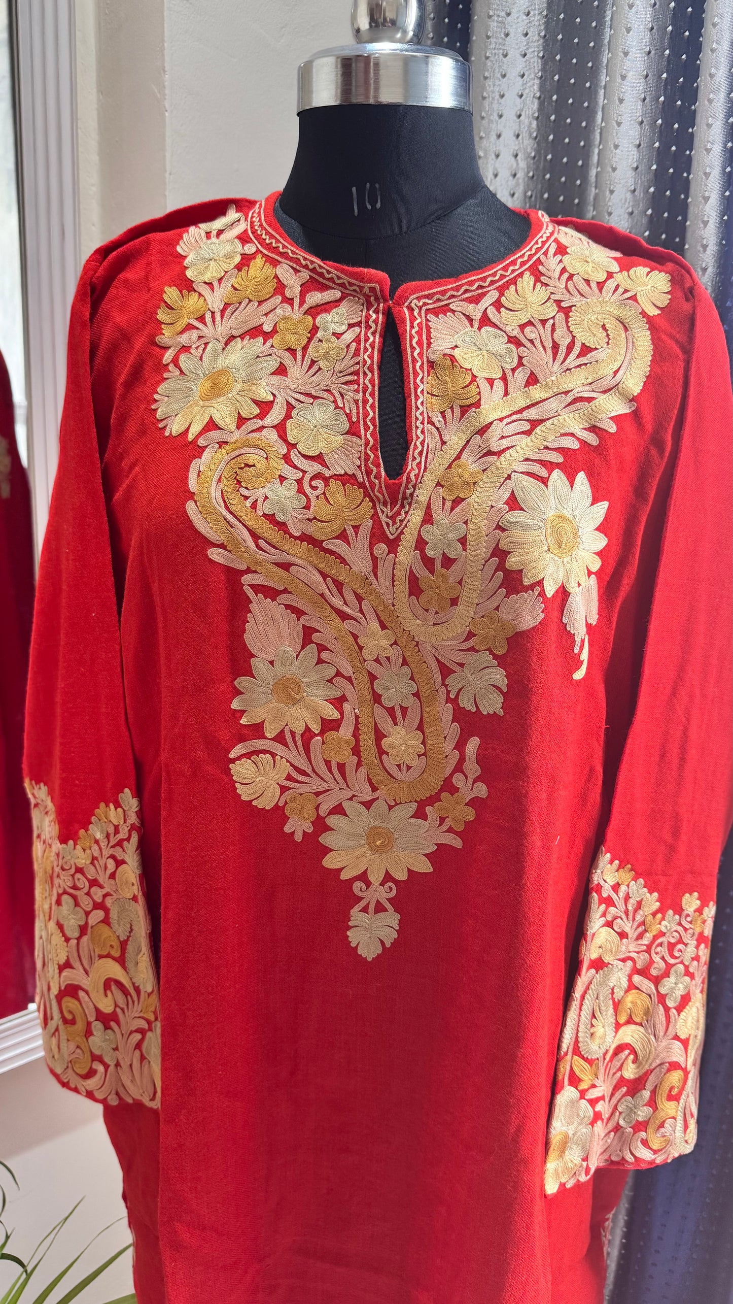Chatpata Laal Shade Hand Embroidered Pure Marino Wool Kashmiri Pheran with Pockets and Hand Embroidered Sleeves (Size 56”)