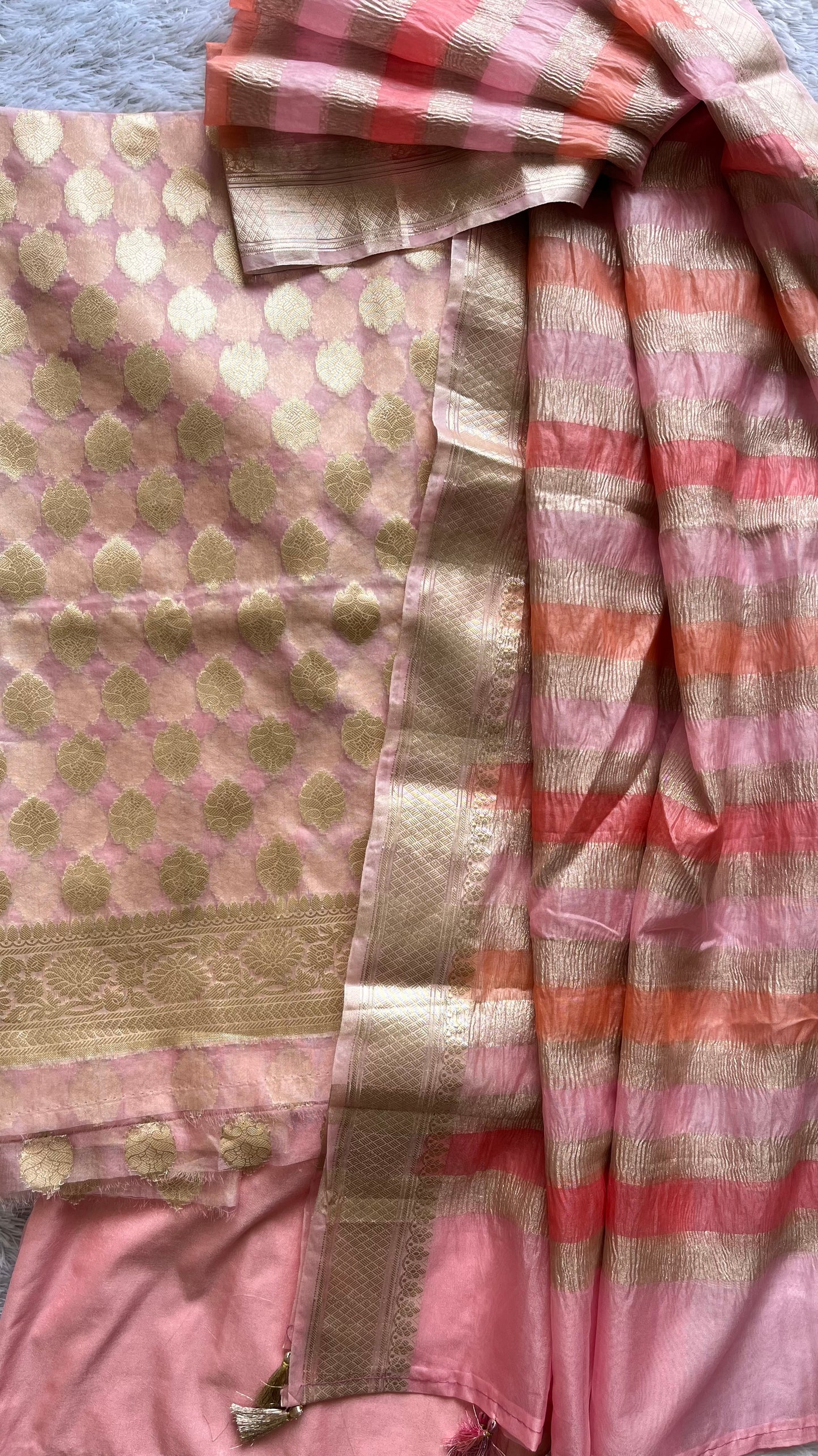 Peachish Pink Shade Banarasi Tissue Silk 3-Piece Suit with Threadwork & Crushed Organza Dupatta