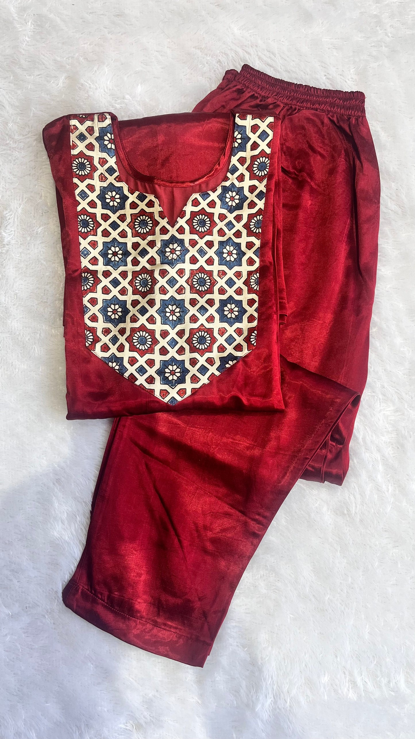 Maroon Mashru Silk Ajrakh Hand Block Print Kurta Pant Set