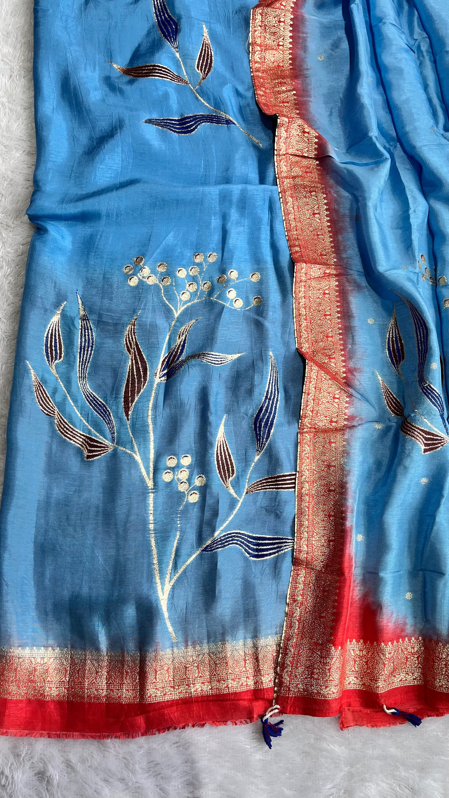 Sky Blue Dola Silk Hand Brush Print 2pc Suit Material Set with Zari Pallu and Full Finish with Tassels