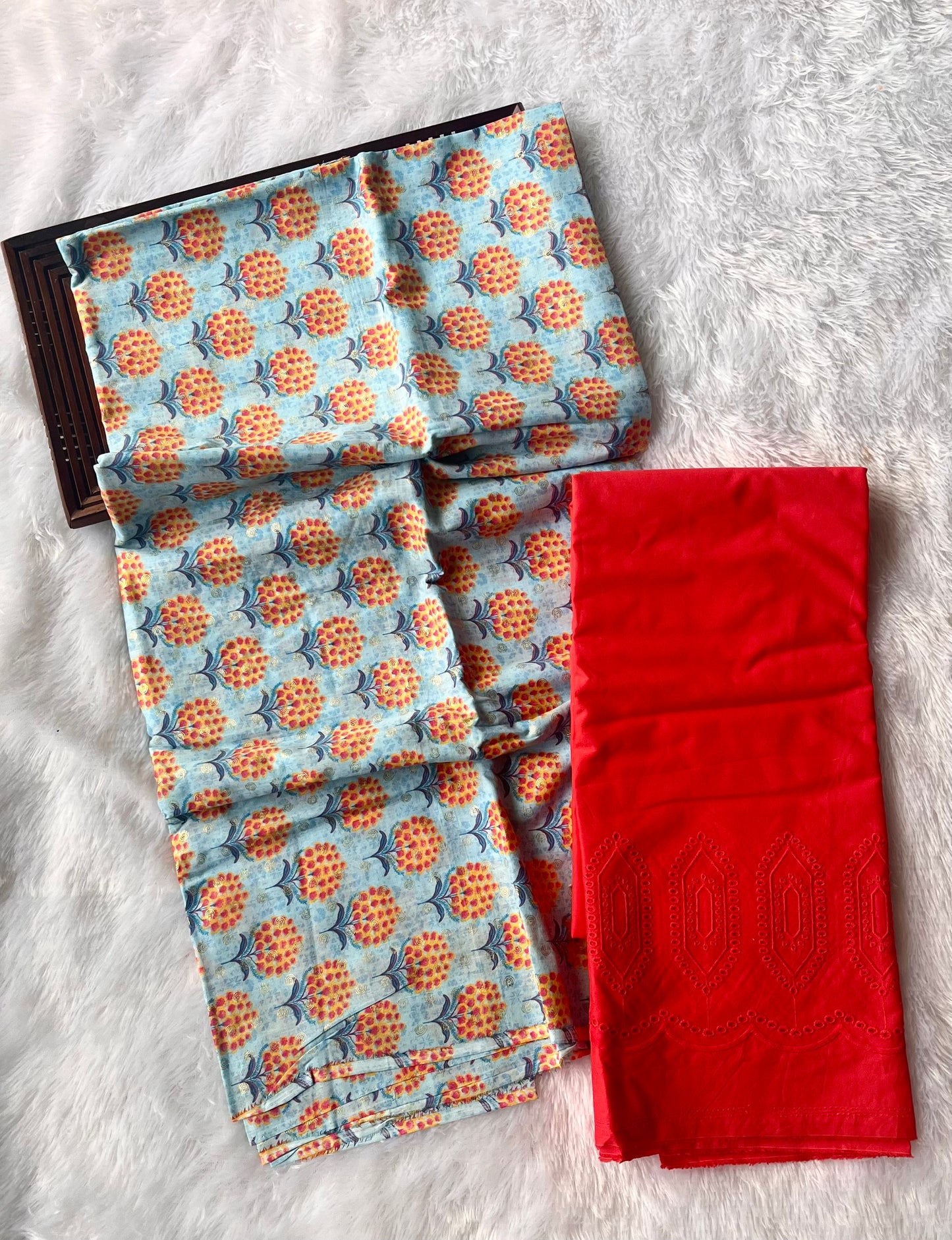 Sea Blue Flower Motif Cotton 2 pc Suit Set