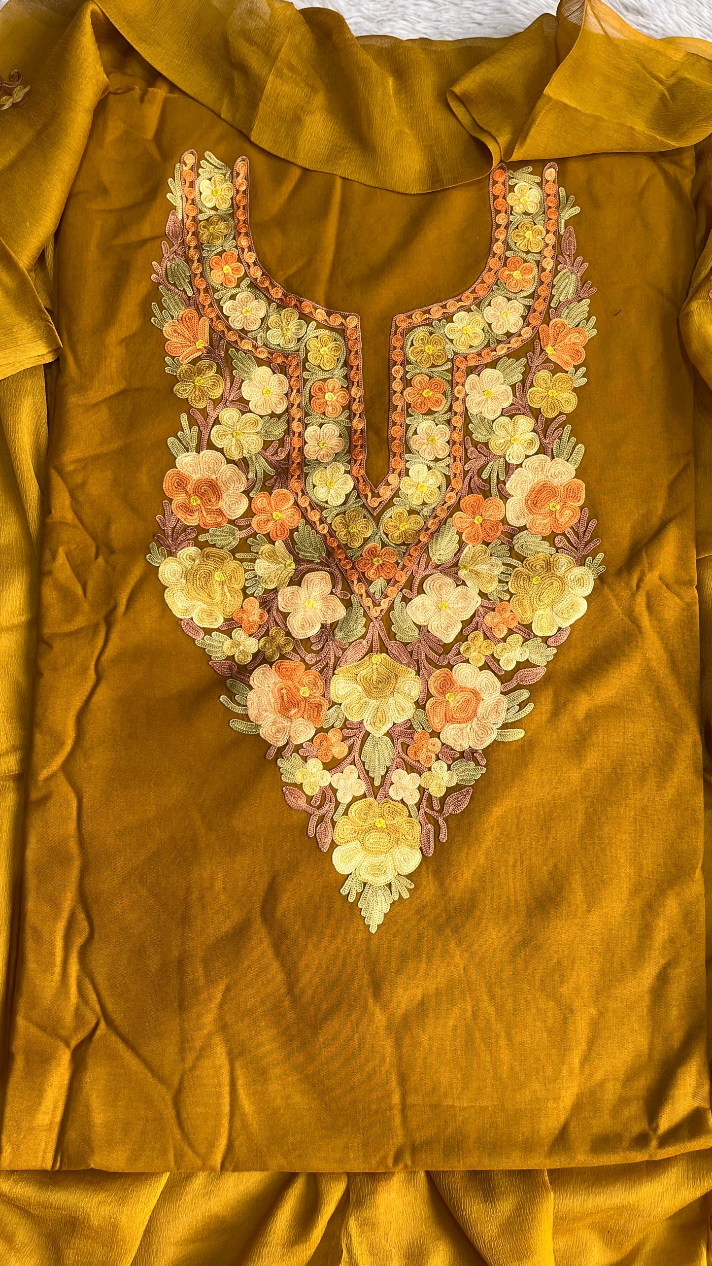 Mustard Yellow Match Threadwork Muslin Cotton Kashmiri Aari Embroidered 3pc Suit Set