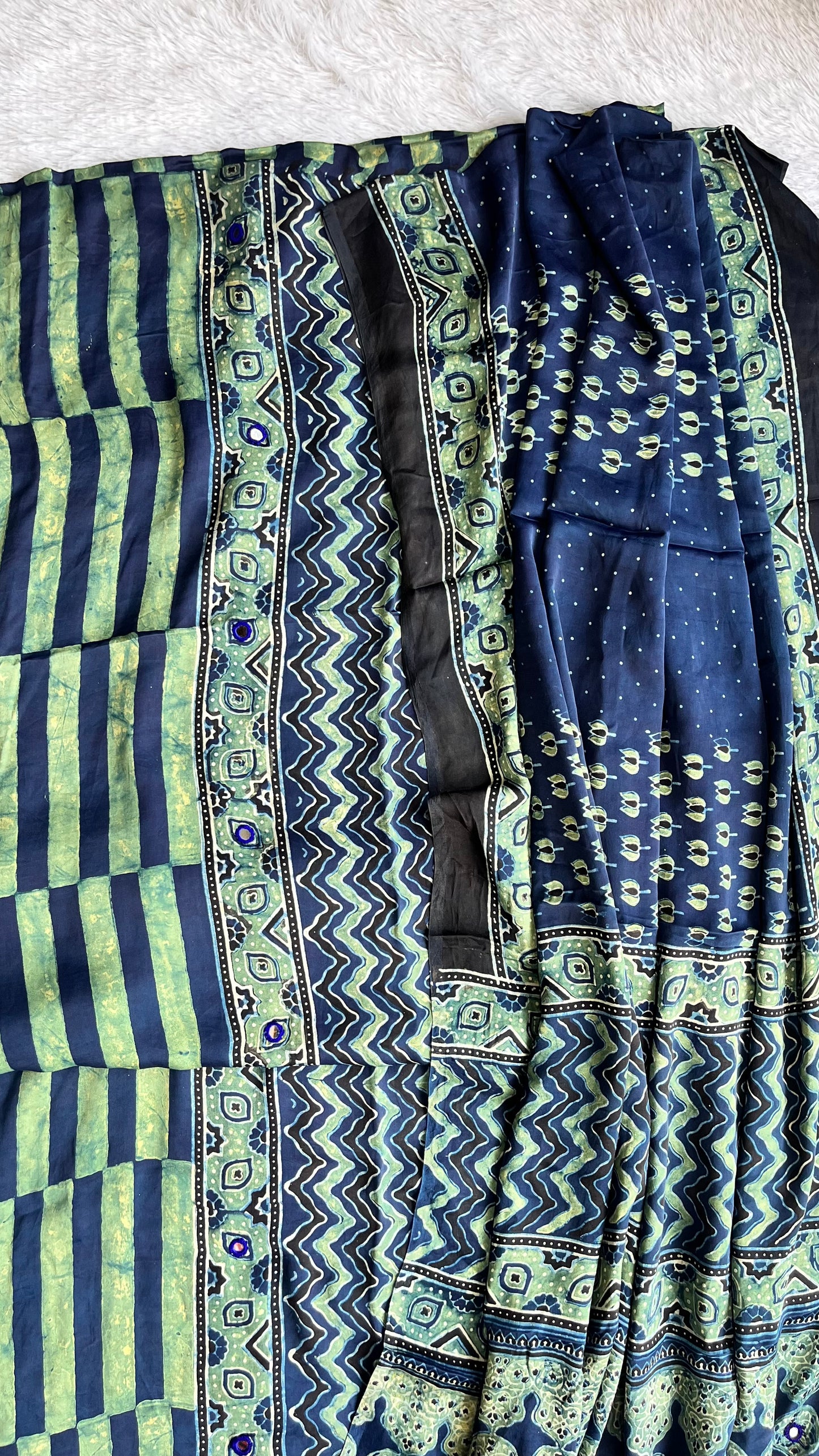 Indigo Zigzag Buta Print Modal Silk Ajrakh Hand Block Print 2pc Suit Material Set with Mirror Work