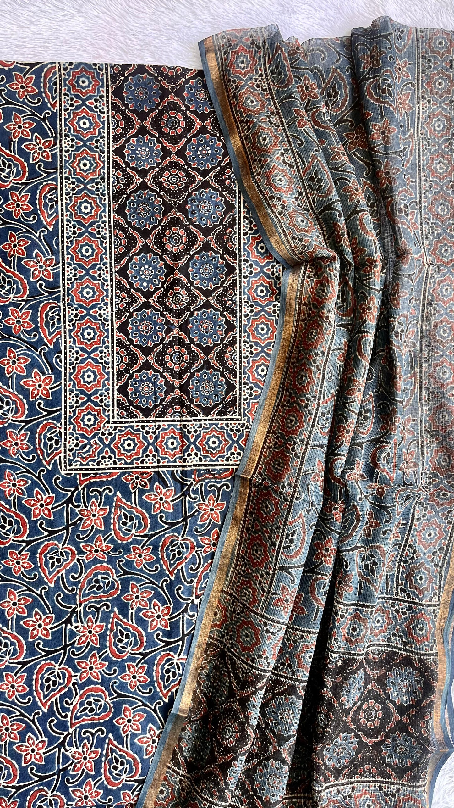 Blue Floral Pure Cotton Ajrakh Unstitched Suit Set with Ajrakh Kota Doria Dupatta