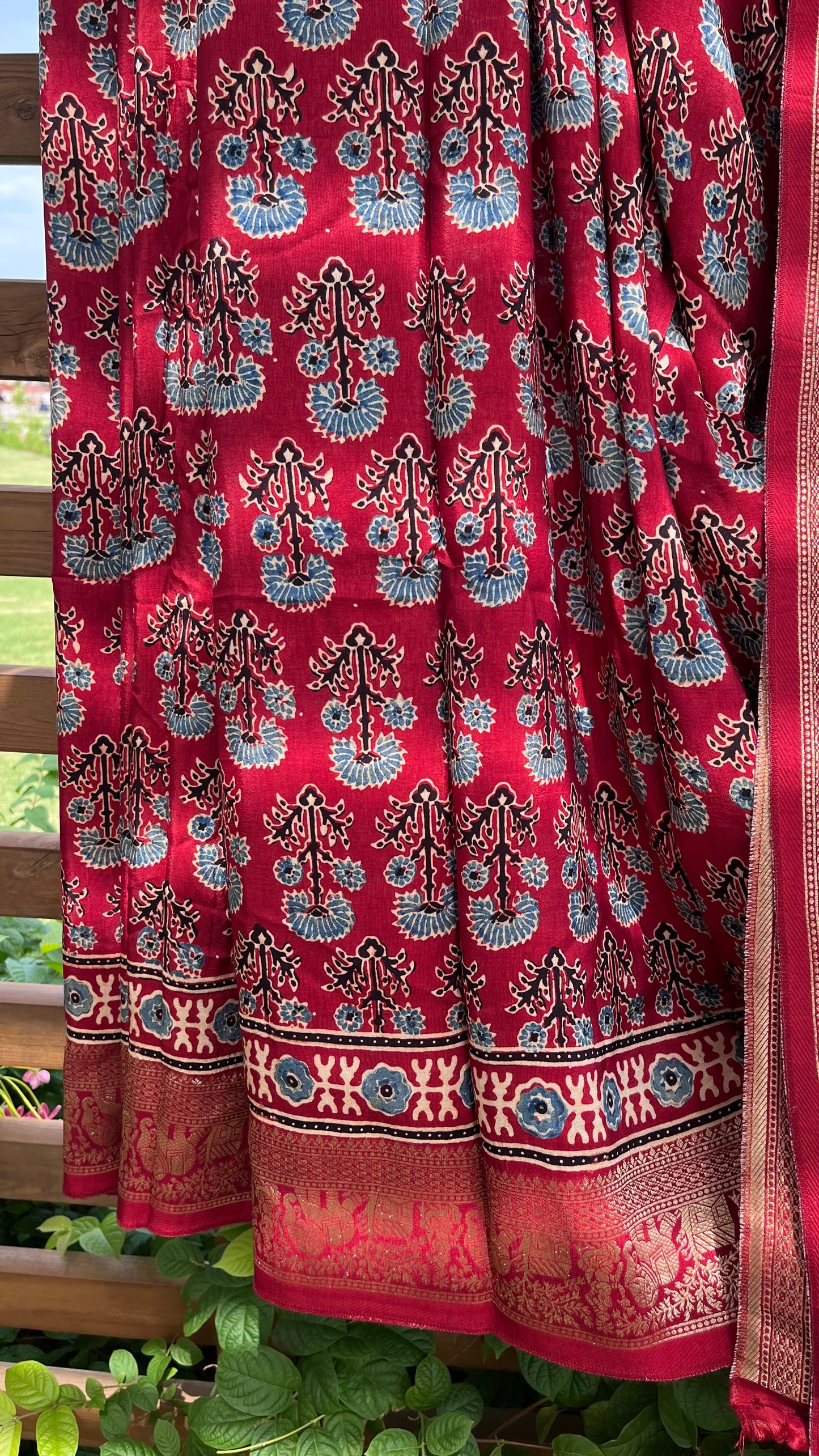 Red Asopallav Buta Motif Ajrakh Hand Block Dola Silk Saree with Zari Pallu (With Blouse)