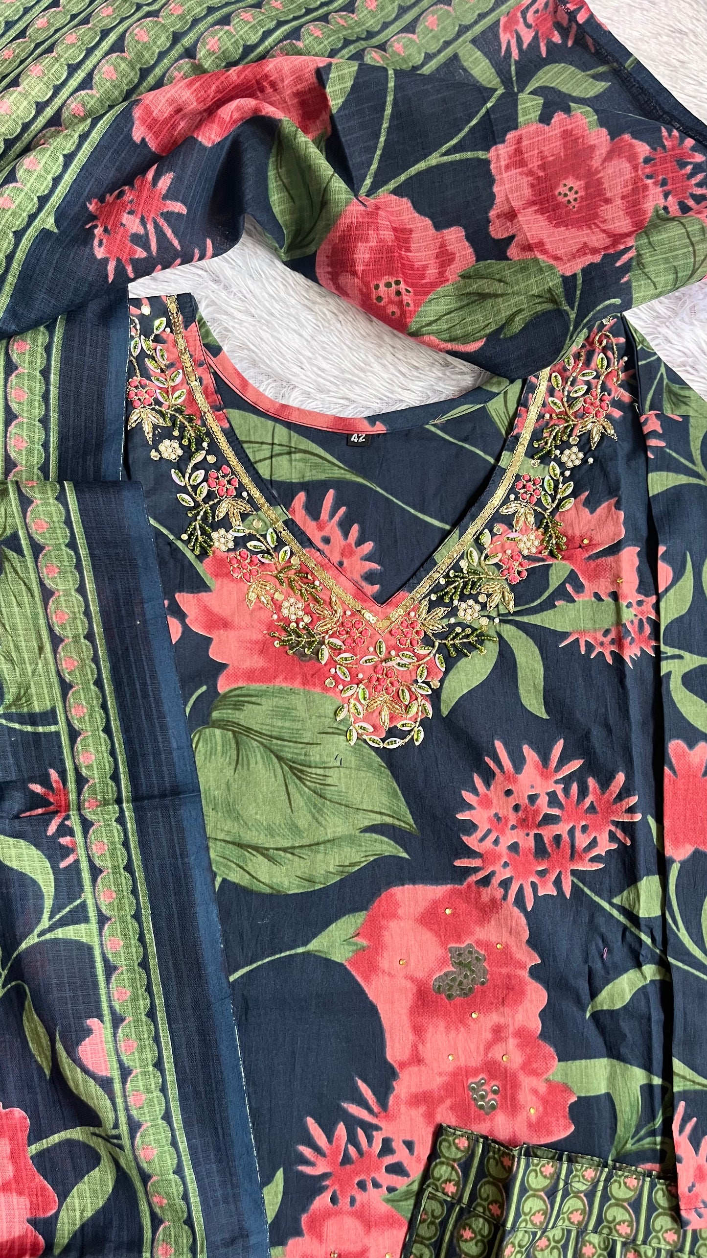 Navy Blue Floral Print Pure Cotton Suit Set with Cotton Dupatta