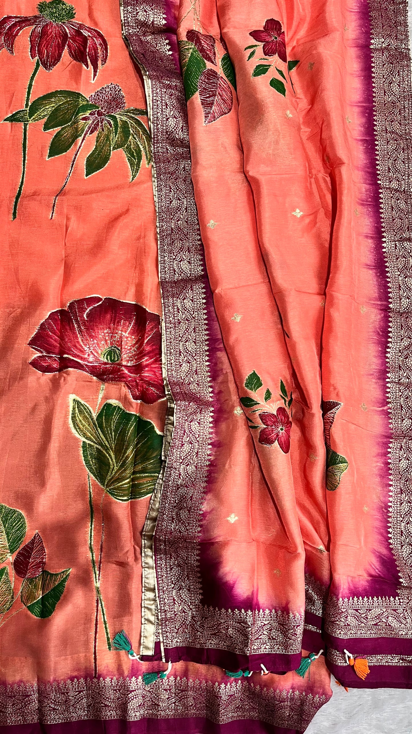 Peach me not Dola Silk Hand Brush Print 2pc Suit Material Set with Zari Pallu and Full Finish with Tassels