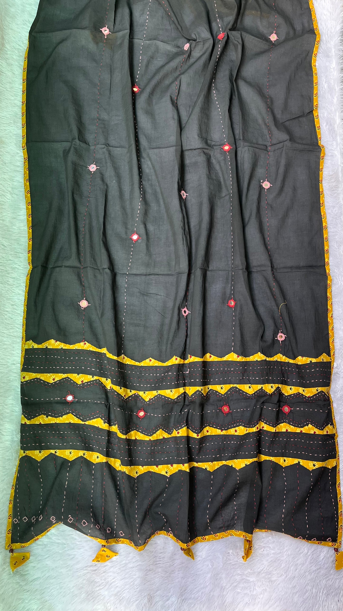 Black and Yellow Ajrakh Applique Patchwork Cotton Dupatta with Mirror Work